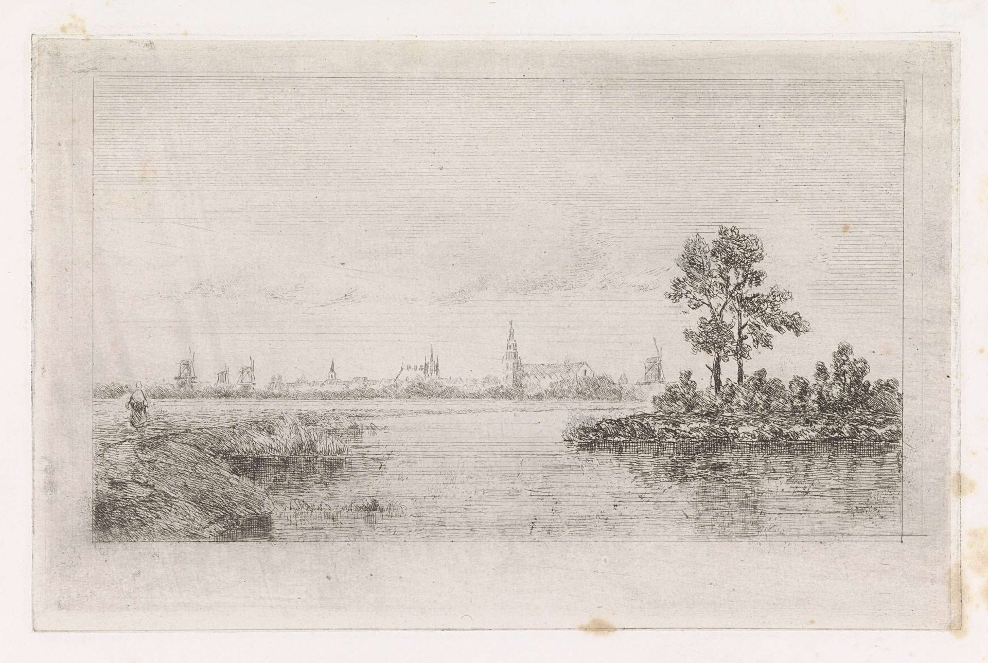 Rivierlandschap met stadsprofiel by Gijsbertus Johannes Verspuy