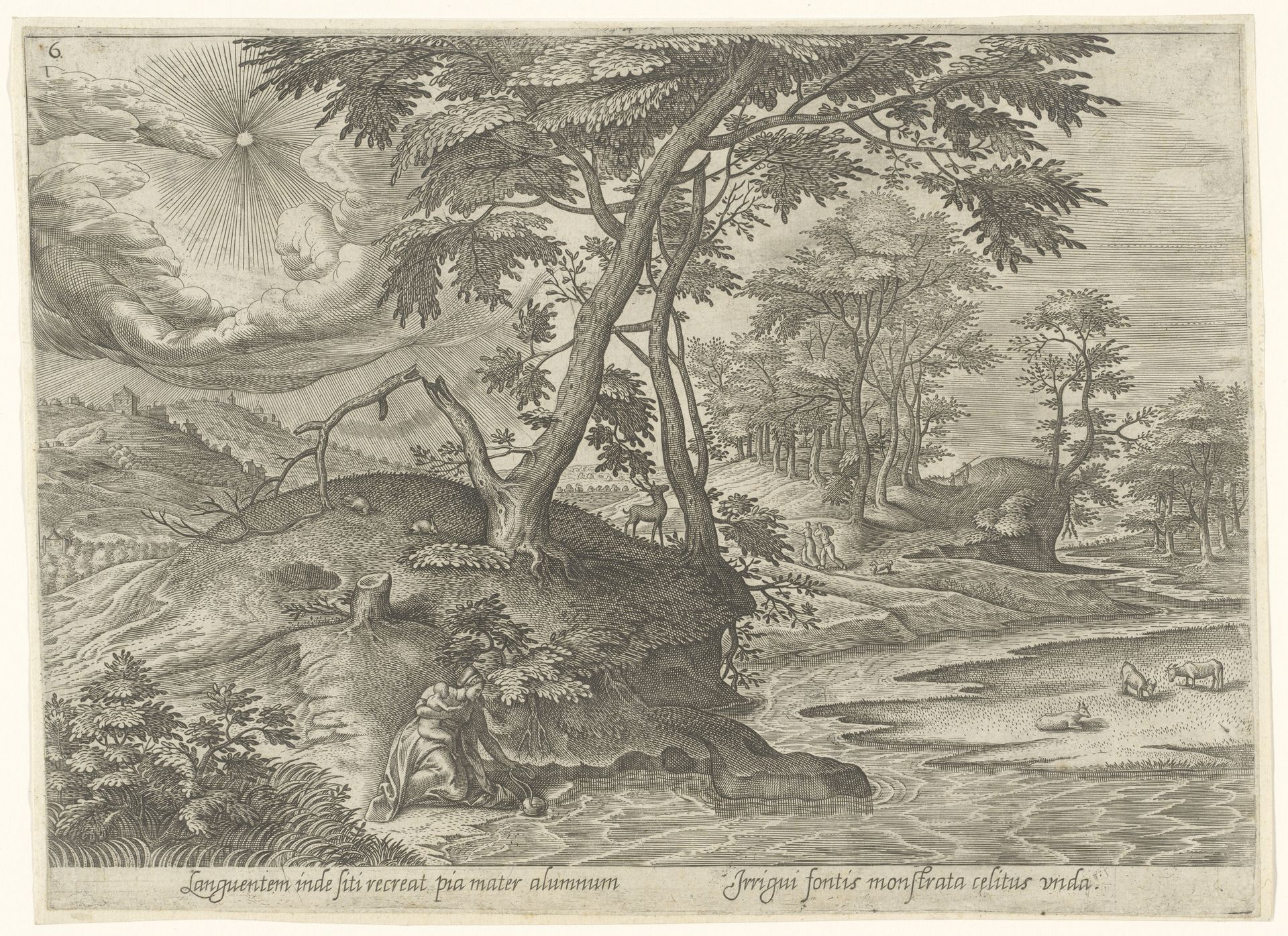 Heilige Geneviève haalt water uit de beek by Philips Galle