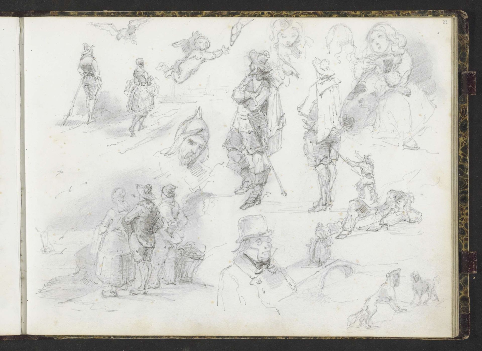 Studieblad, onder andere met figuren in historisch kostuum, meisjes en honden by Lambertus Lingeman