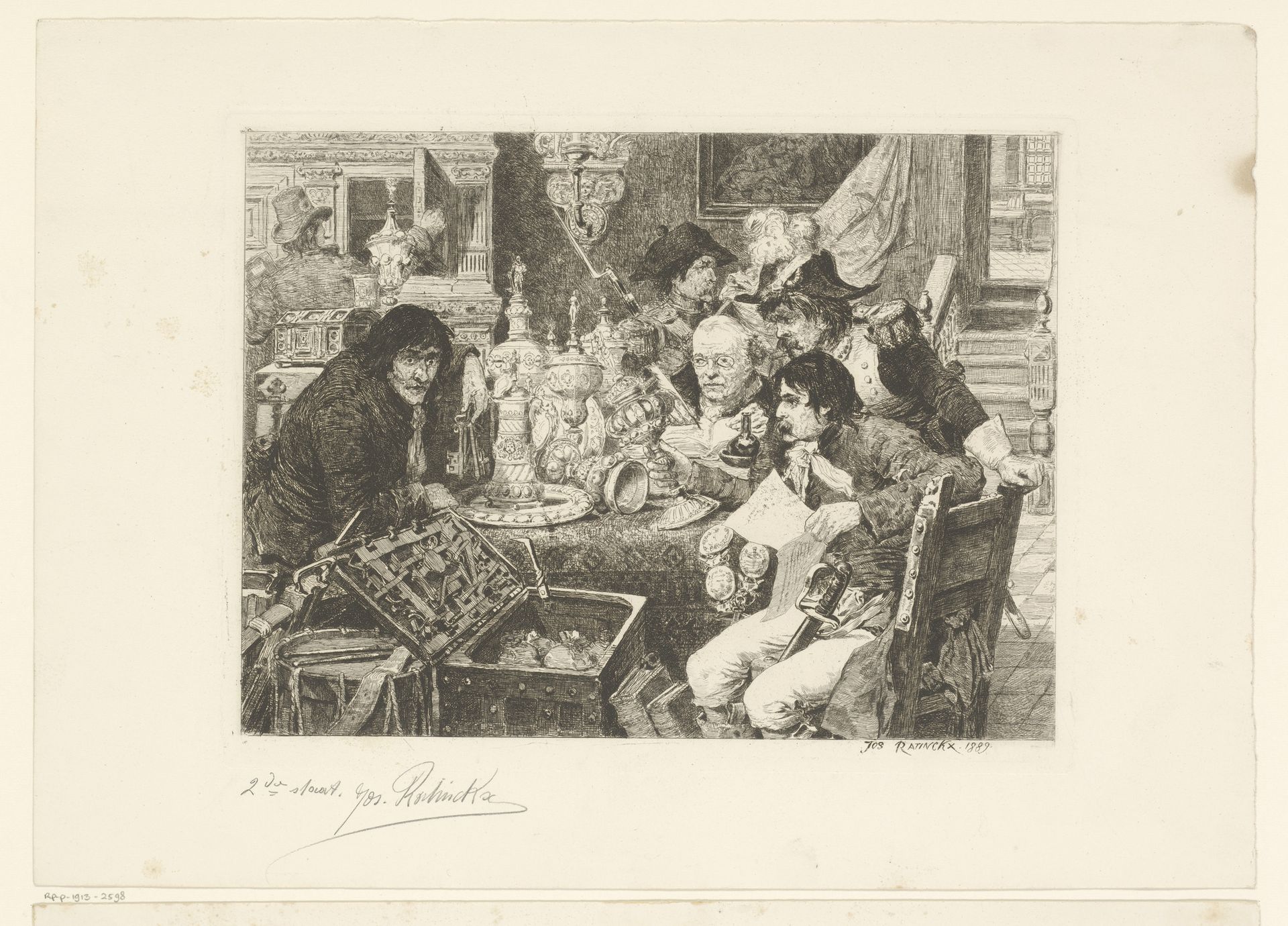 Zes mannen in een interieur rondom een tafel bekijken rijkelijk vaatwerk by Jos Ratinckx