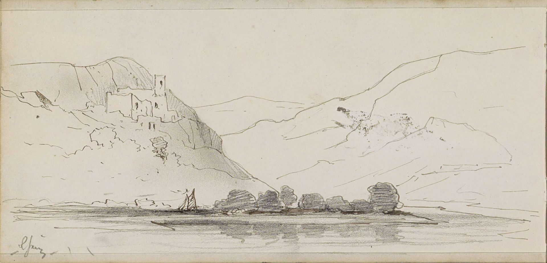 Landschap met bergen aan een meer by Johannes Tavenraat
