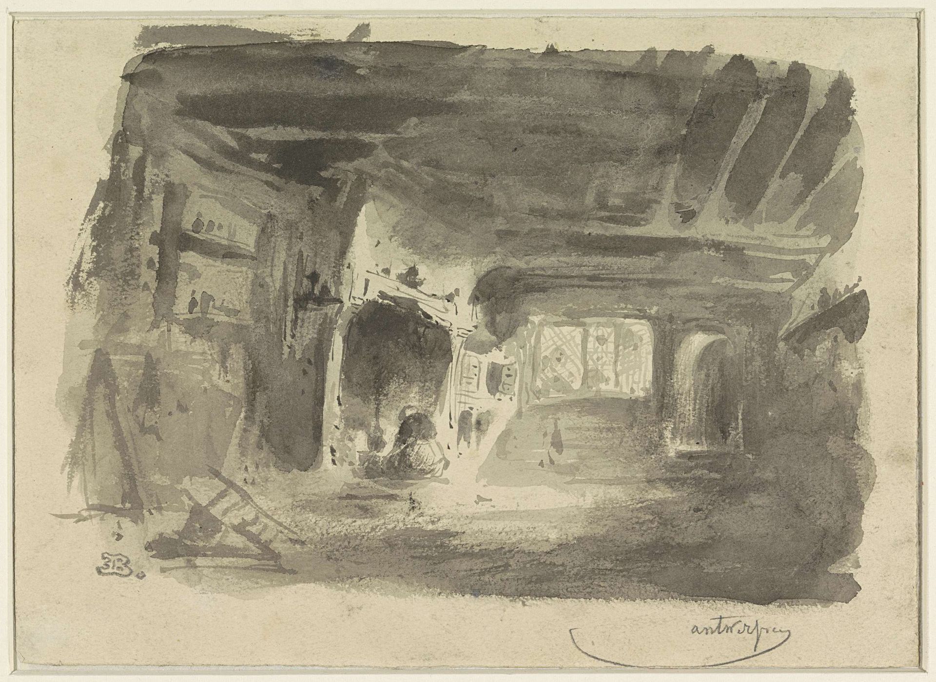 Interieur met geknielde vrouw voor haard by Eugène François de Block