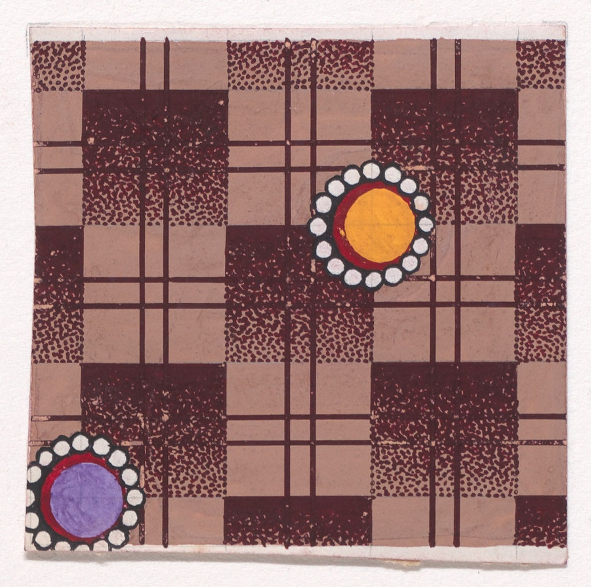 Textile Design with Alternating Rows of Circles Framed by Pearls over a Checked Background by Anonymous