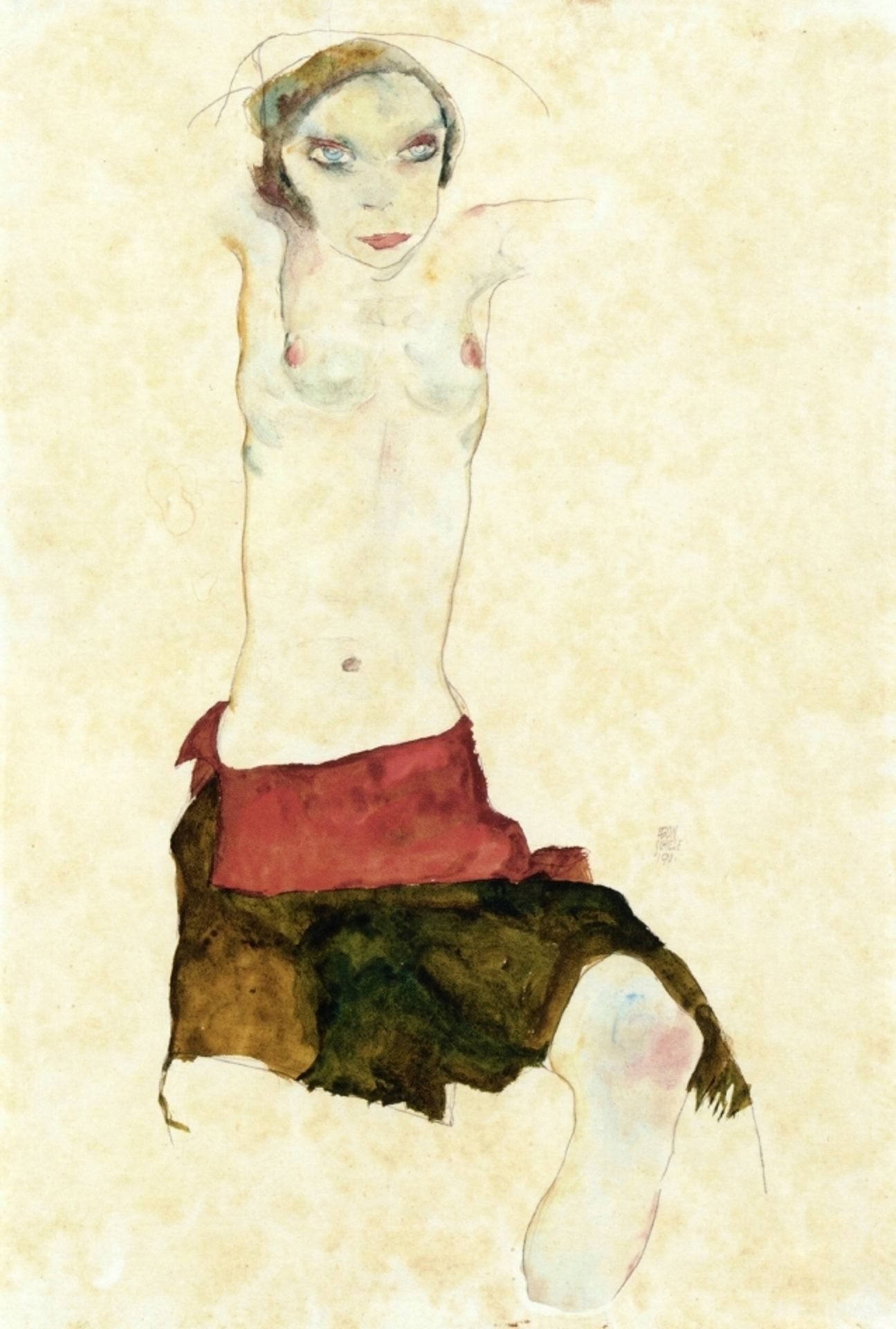 Semi Nude with Colored skirt and Raised Arms by Egon Schiele