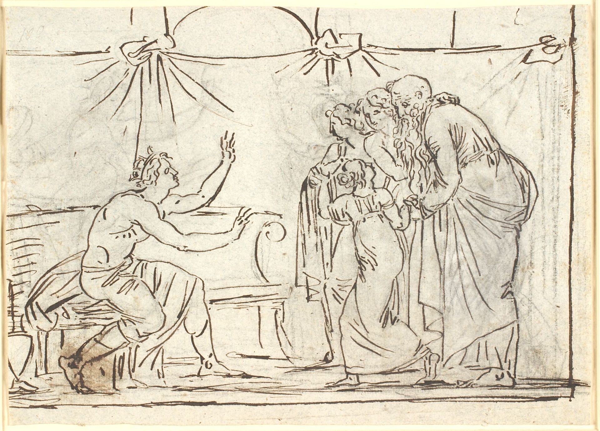 Antik scene. En siddende kronet helt taler til en gruppe af fire figurer, heriblandt en mindre pige og en gammel mand by Nicolai Abildgaard