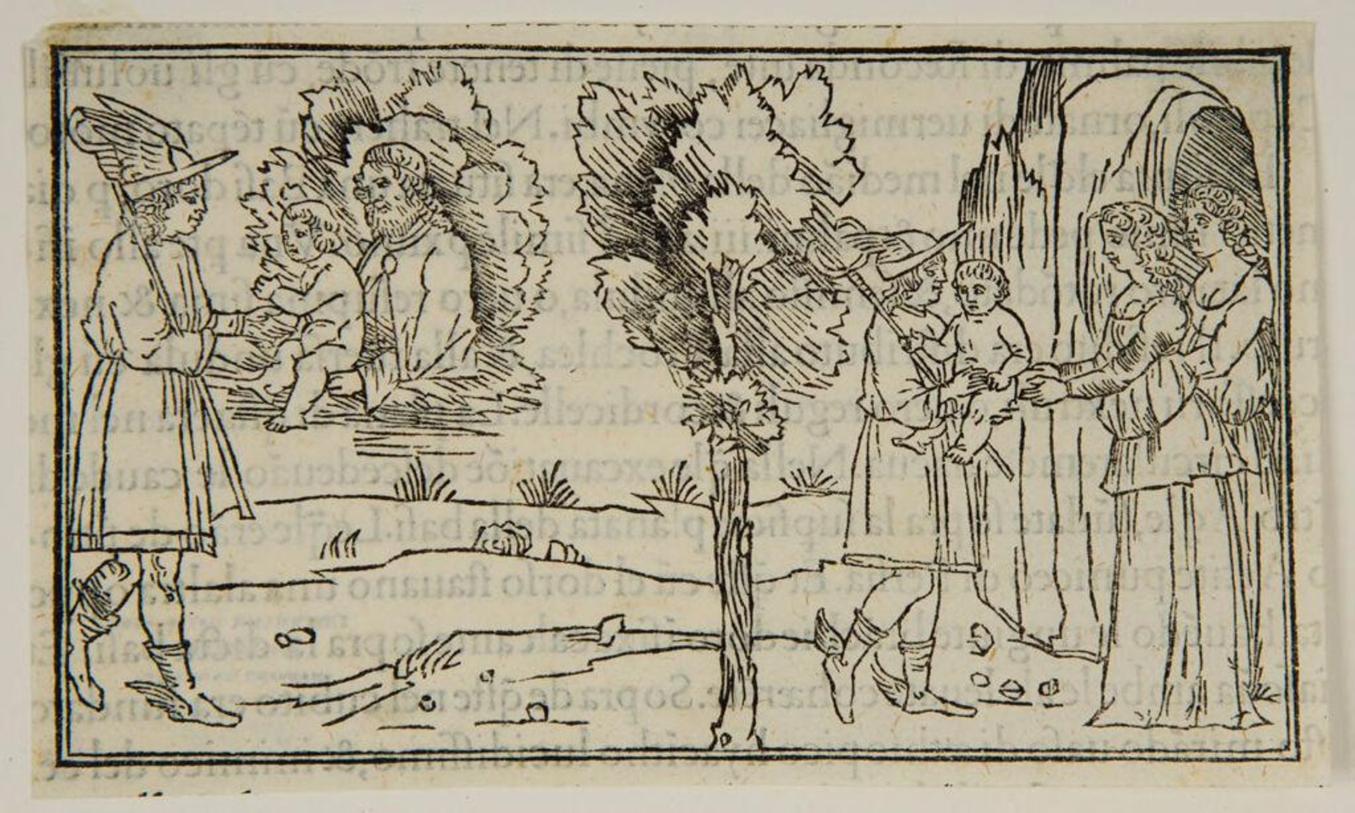 Reliefs from the fourth car (Festival of Bacchus). Jupiter commits the infant Bacchus to Mercury. In the same compartment, Mercury is carring the child to the nymphs of Mount Nyssa in Thrace, who bring him up in a cave. (Fol. l ii recto) by Anonymous