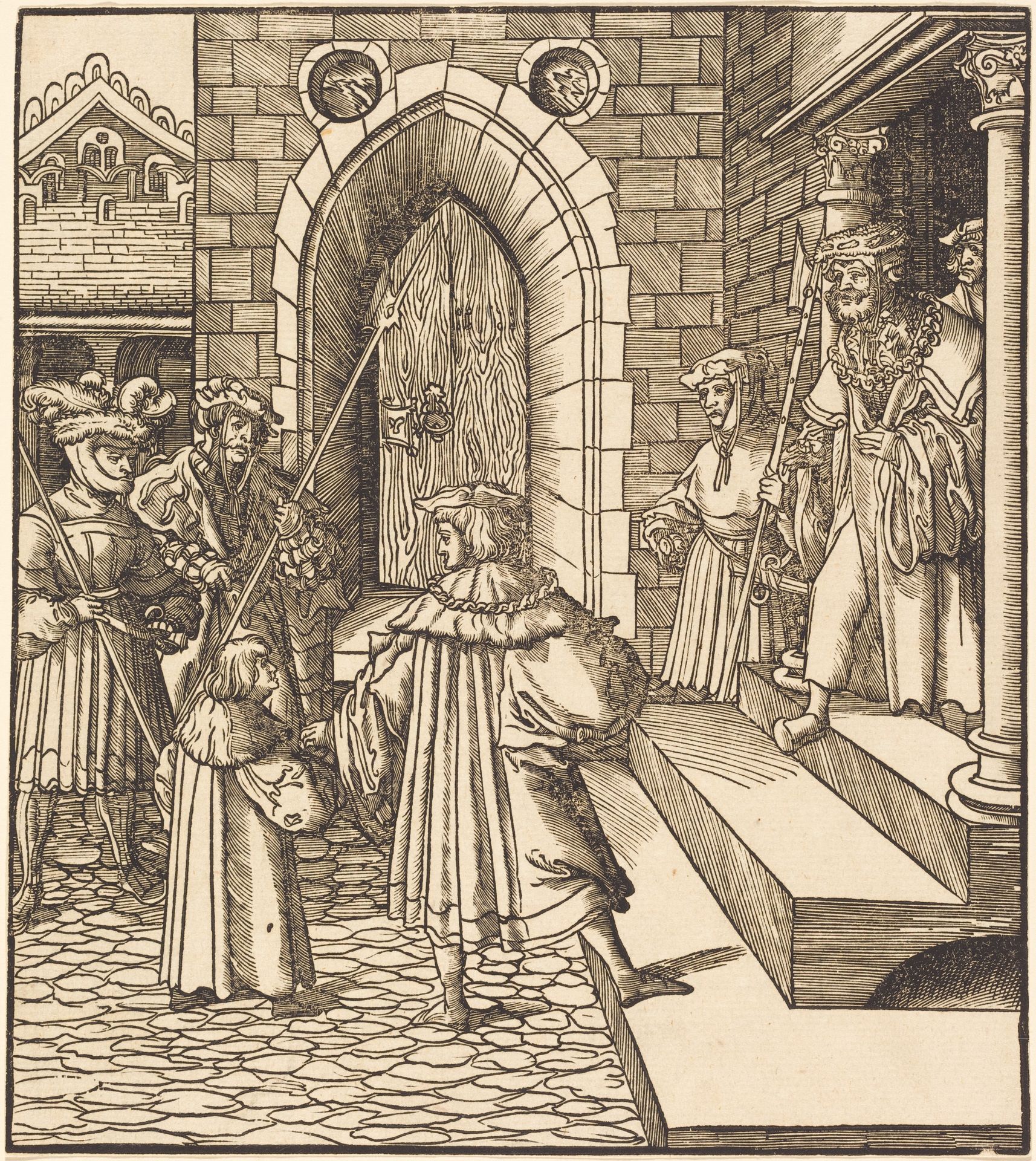 Three Men and a Boy in the Court of a Castle, to the Right Three Men on a Staircase by Leonhard Beck