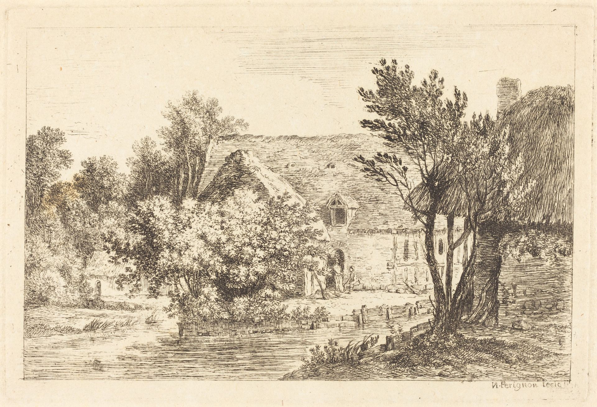 A House and a Shaded Cottage on the Banks of a River by Nicolas Pérignon