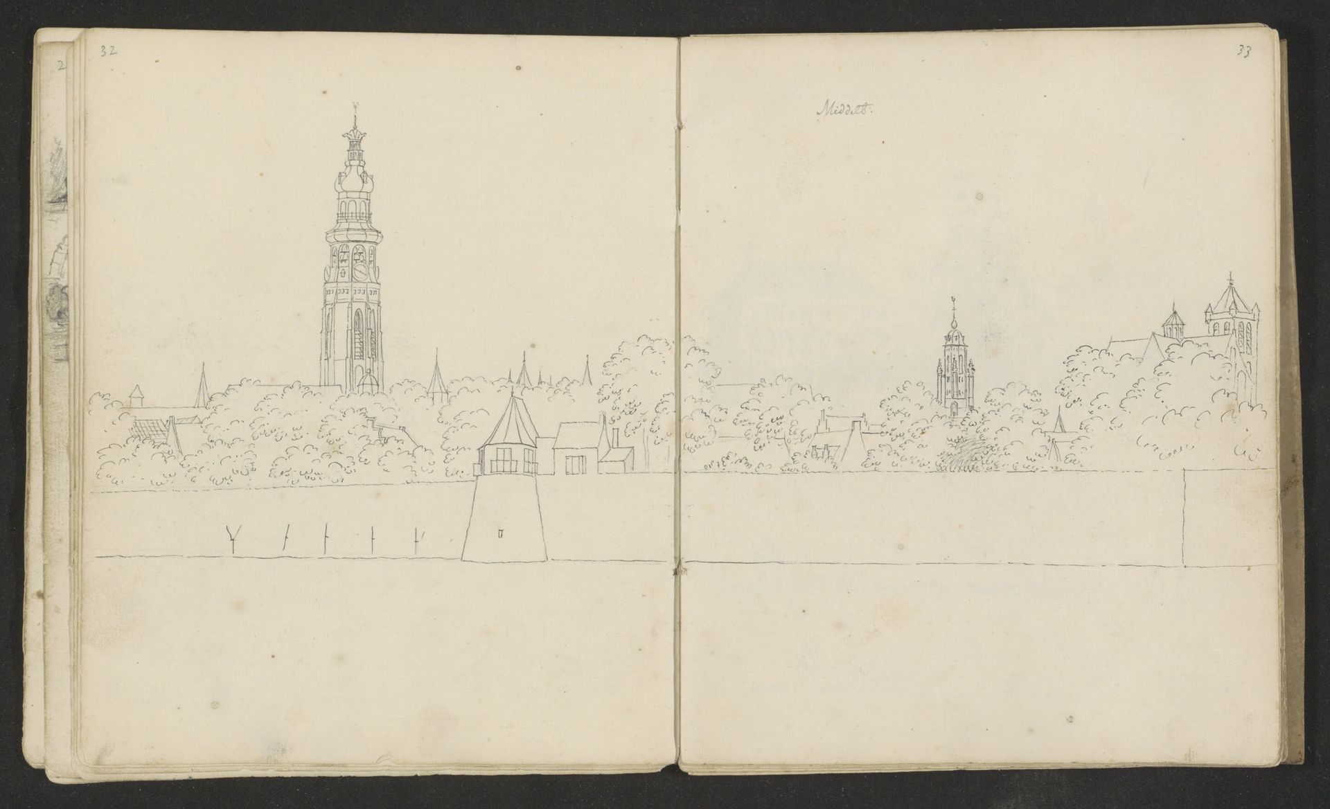 Gezicht op Middelburg met de Abdijtoren en het stadhuis by Cornelis Pronk
