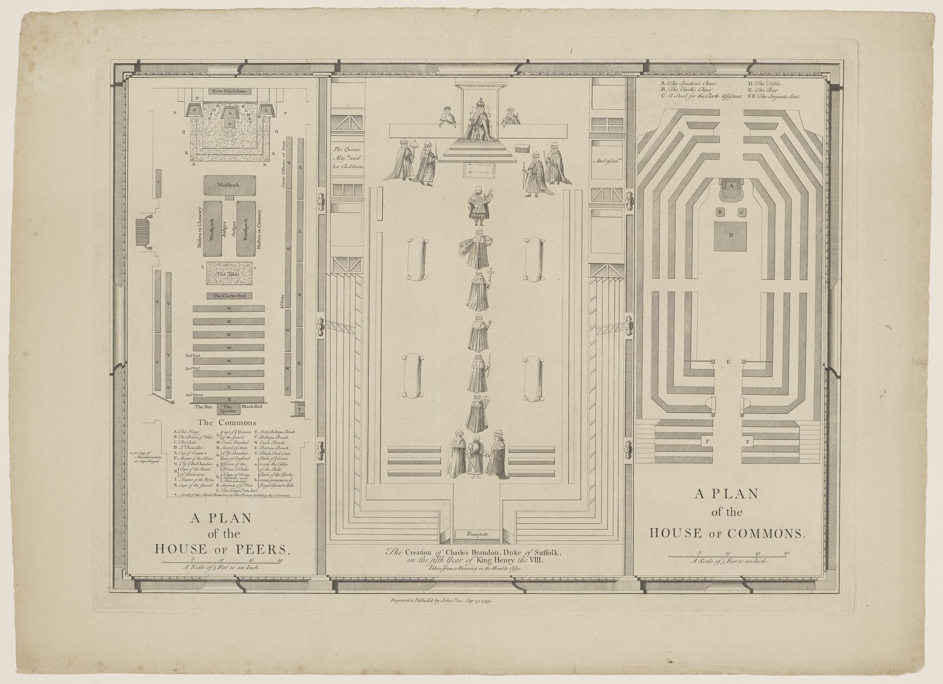 Plattegronden van het Britse Hogerhuis en het Lagerhuis by John Pine