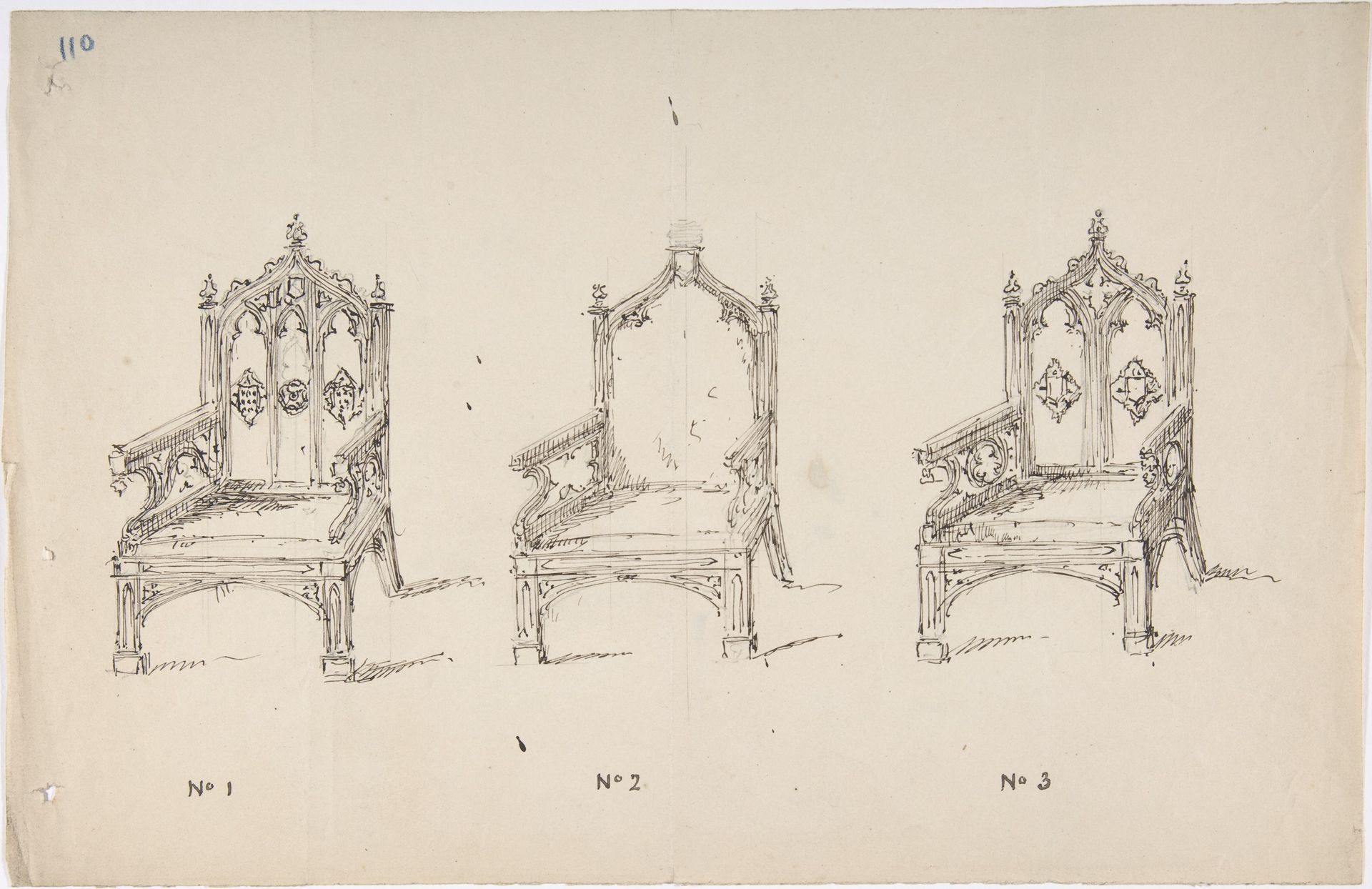 Design for Three Low Gothic Style Arm Chairs by Anonymous