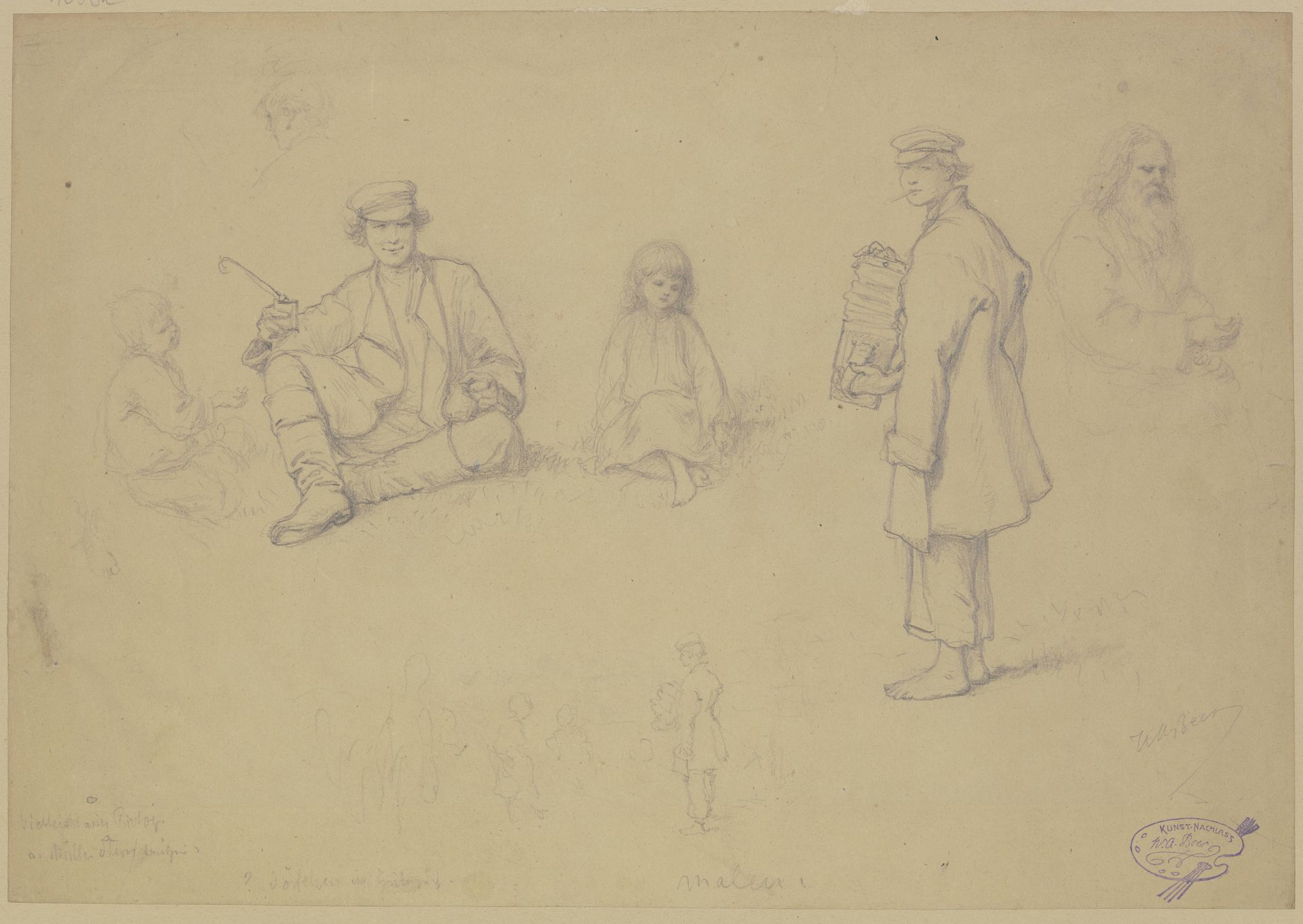 Studienblatt_ verschiedene im Gras stehende und sitzende Figuren by Wilhelm Amandus Beer