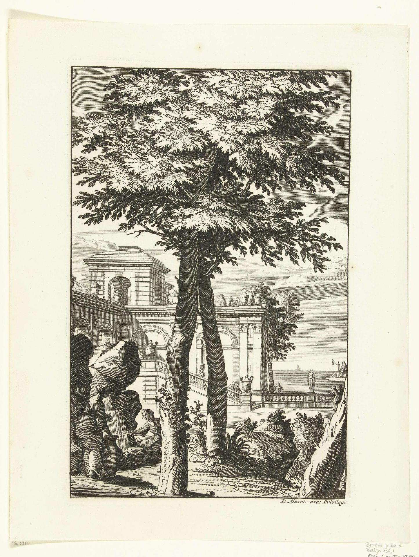 Landschap met vooraan twee bomen by Daniël (I) Marot
