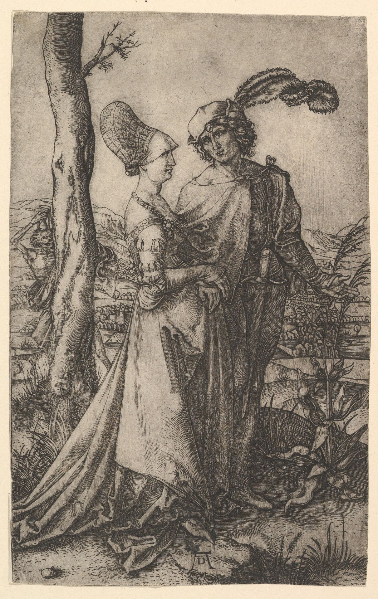 Lord and lady walking with figure of death hiding behind a tree, holding an hourglass, The Promenade after Dürer by Marcantonio Raimondi