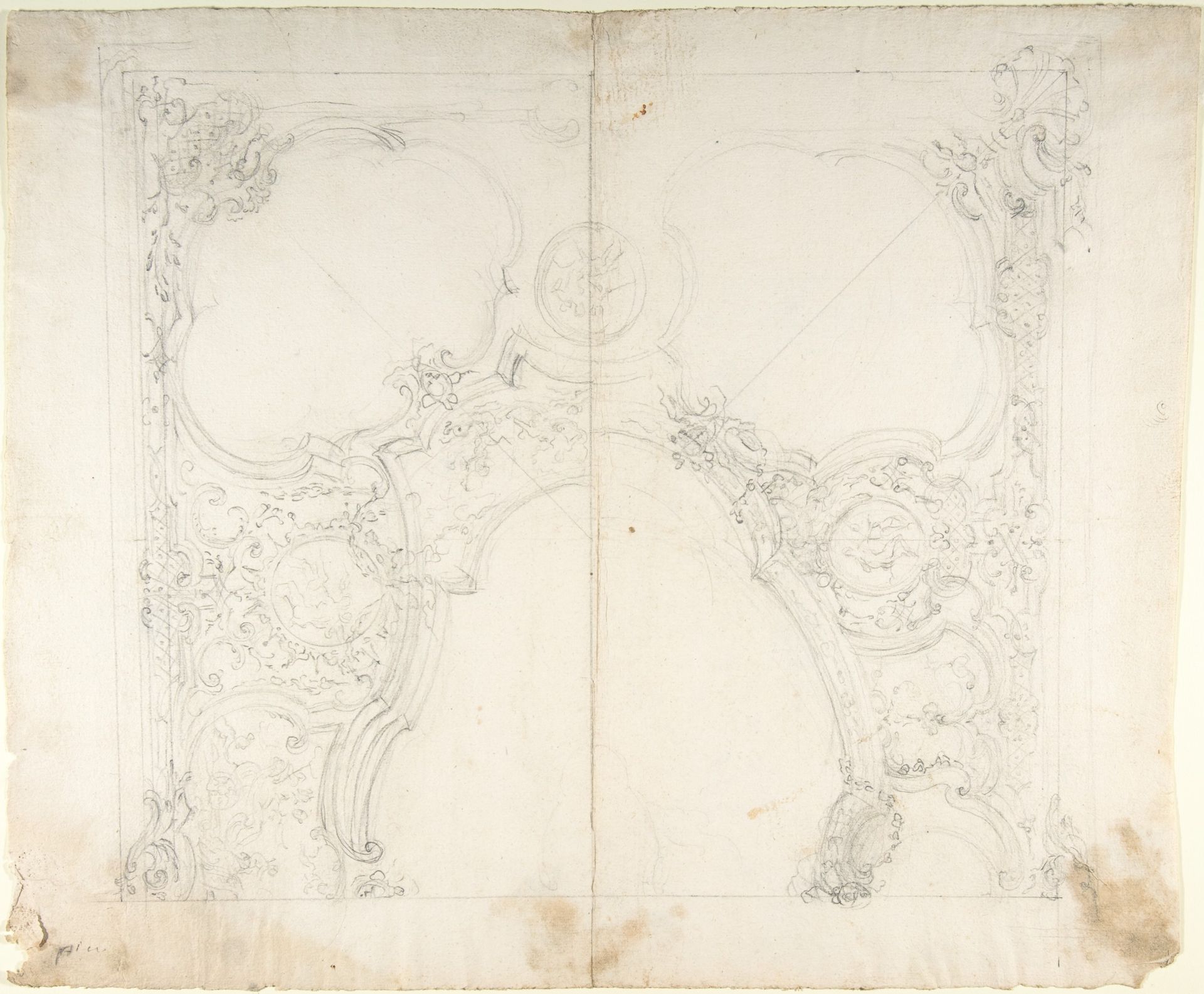 Design for One Half of a Ceiling with Medaillons with Figure Sketches Inside (recto); Design for an Interior Wall Elevation (verso) by Leonardo Marini