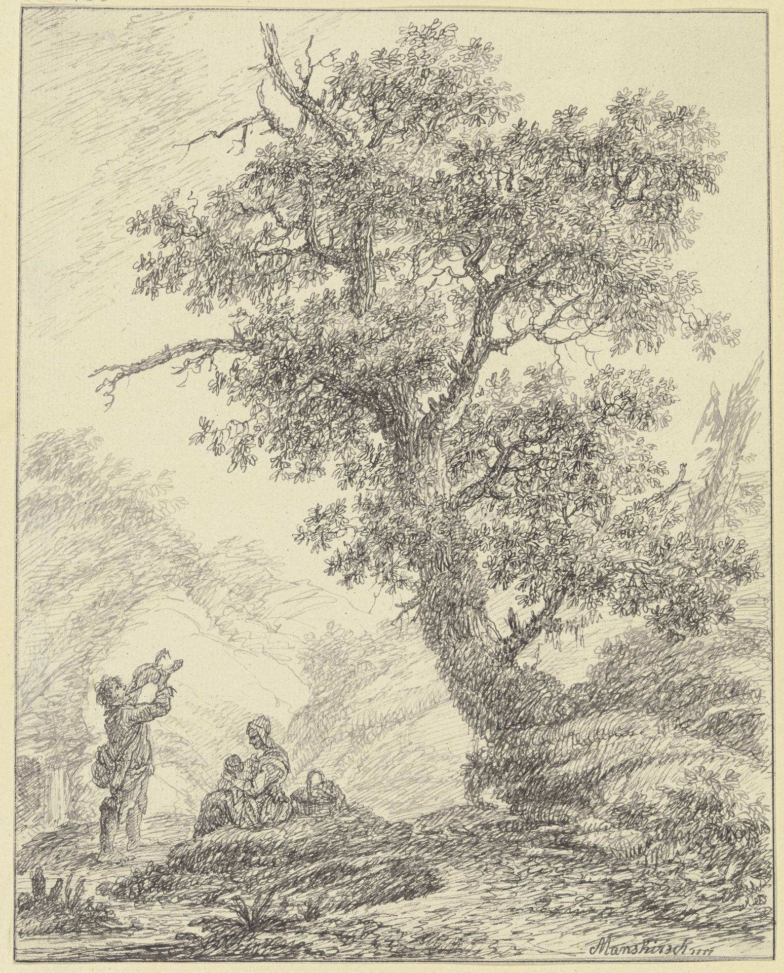 Familienszene unter einem Eichenbaum by Bernard Gottfried Manskirsch