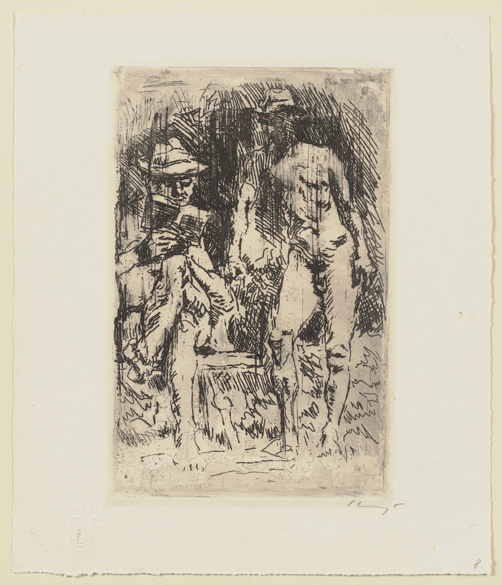 Ein lesender und ein stehender männlicher Akt (Dr. von Fischer)Aus der Mappe_ Im Sonnenbad, Privatdruck  1922 by Max Slevogt