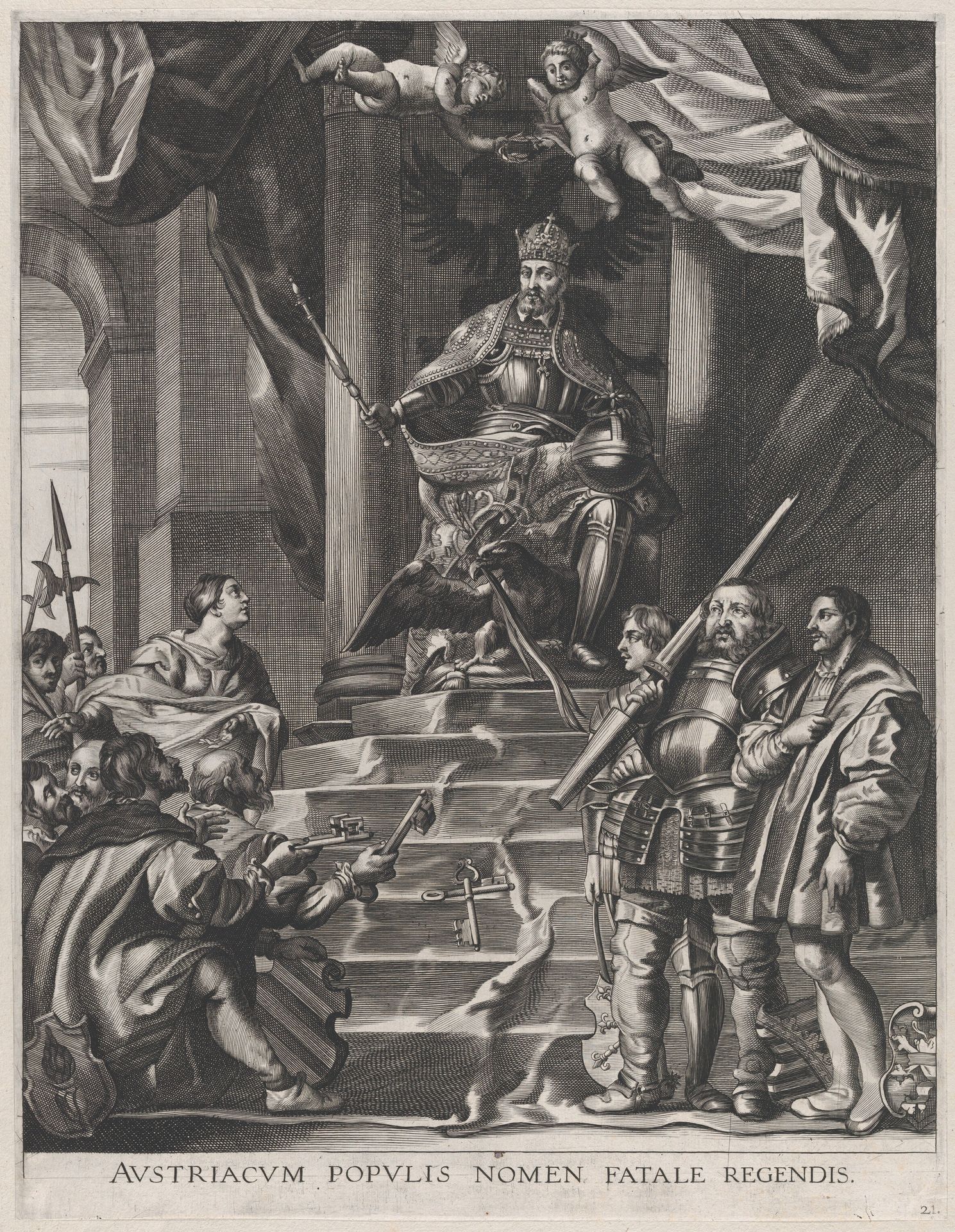 Plate 21: Emperor Charles V being offered the keys of Saxony and Hesse; from Guillielmus Becanus's 'Serenissimi Principis Ferdinandi, Hispaniarum Infantis...' by Anton van der Does