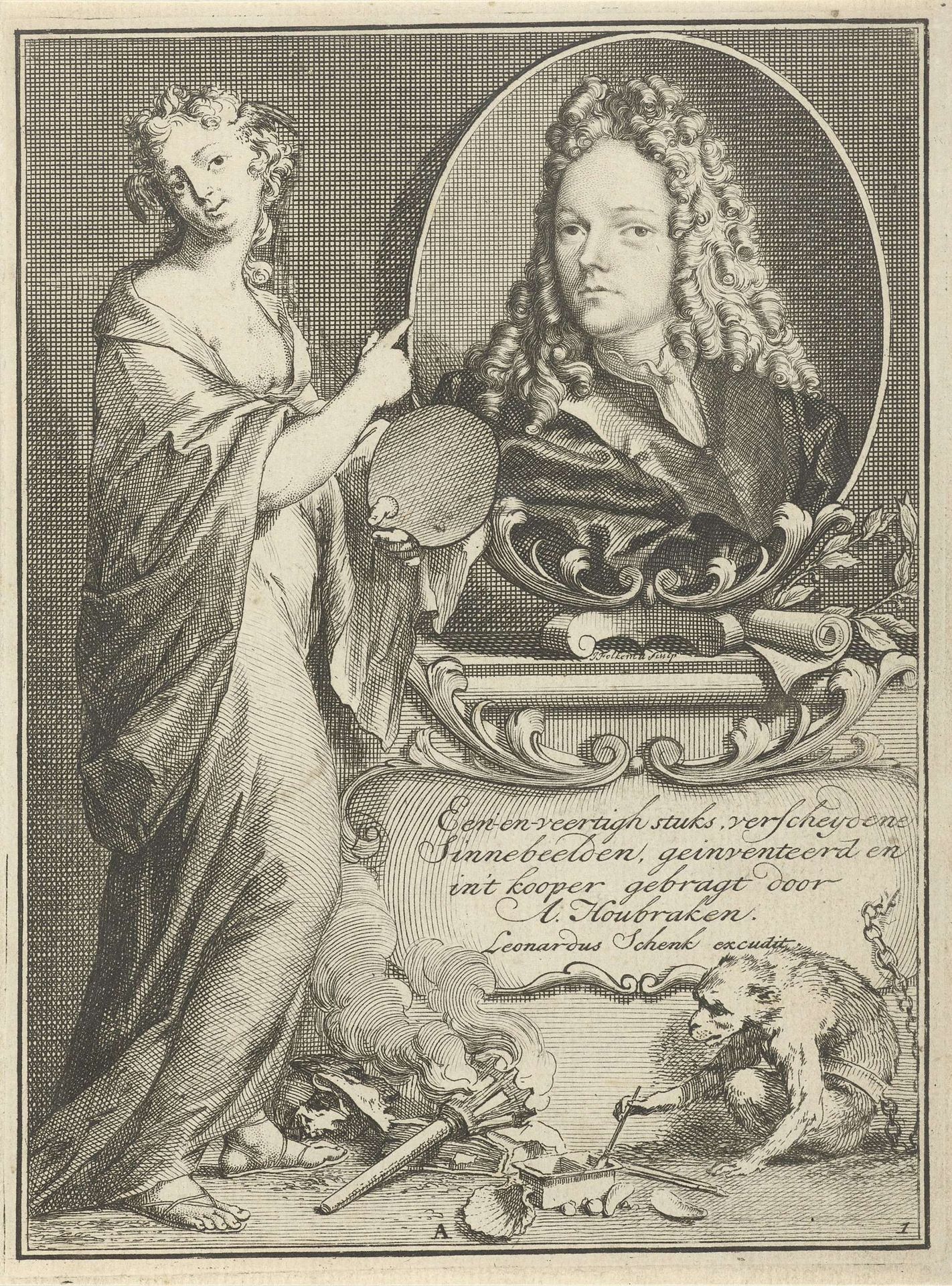 Vrouwfiguur met palet wijzend naar portret van Arnold Houbraken by Arnold Houbraken