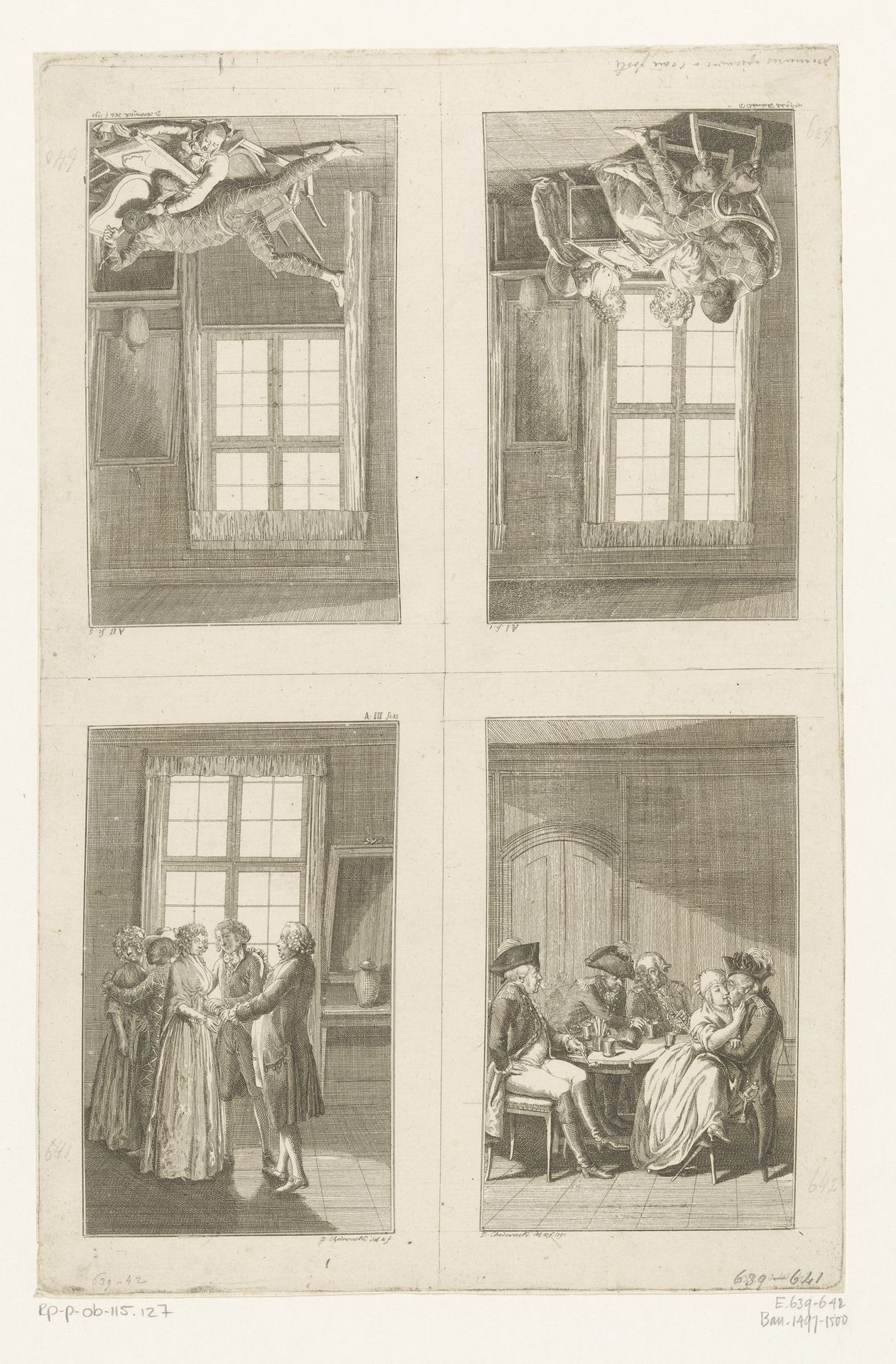 Vier voorstellingen uit Ewalds Harlekin Patriot by Daniel Nikolaus Chodowiecki