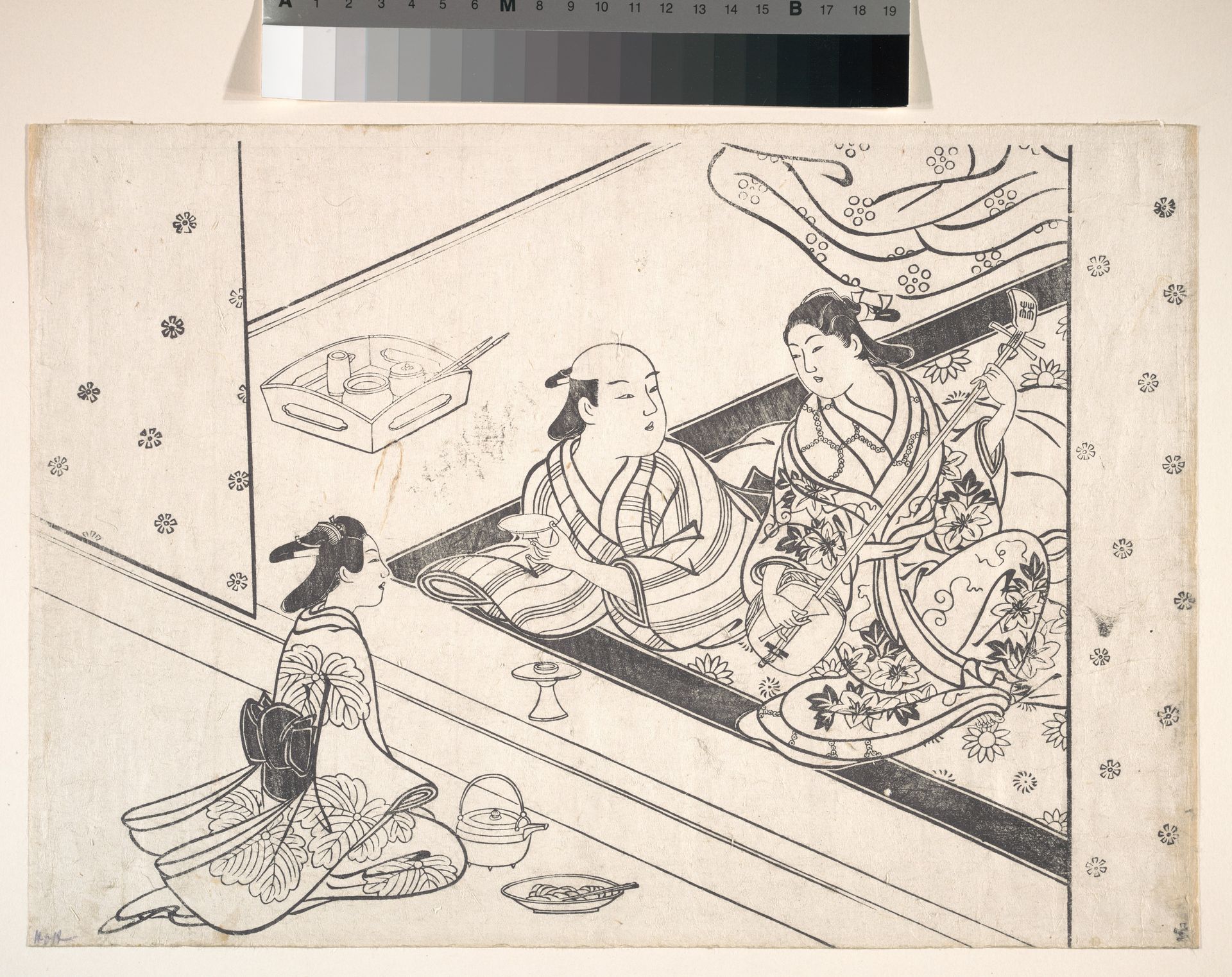Lady Playing Shamisen, with Her Lover and Attendant Nearby by Nishikawa Sukenobu 西川祐信