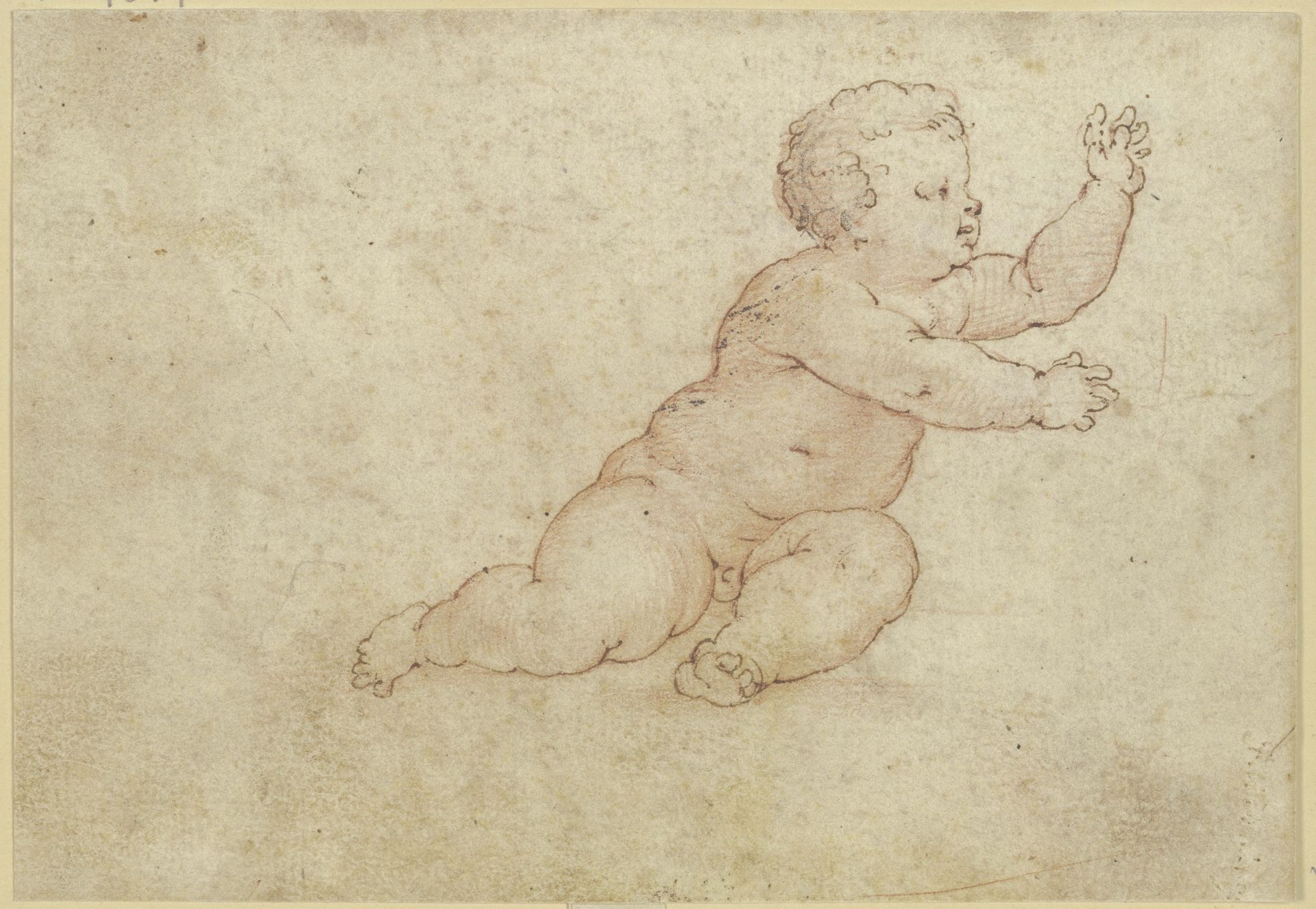 Sitzendes nacktes Kind gestikulierend nach rechts by Guido Cagnacci