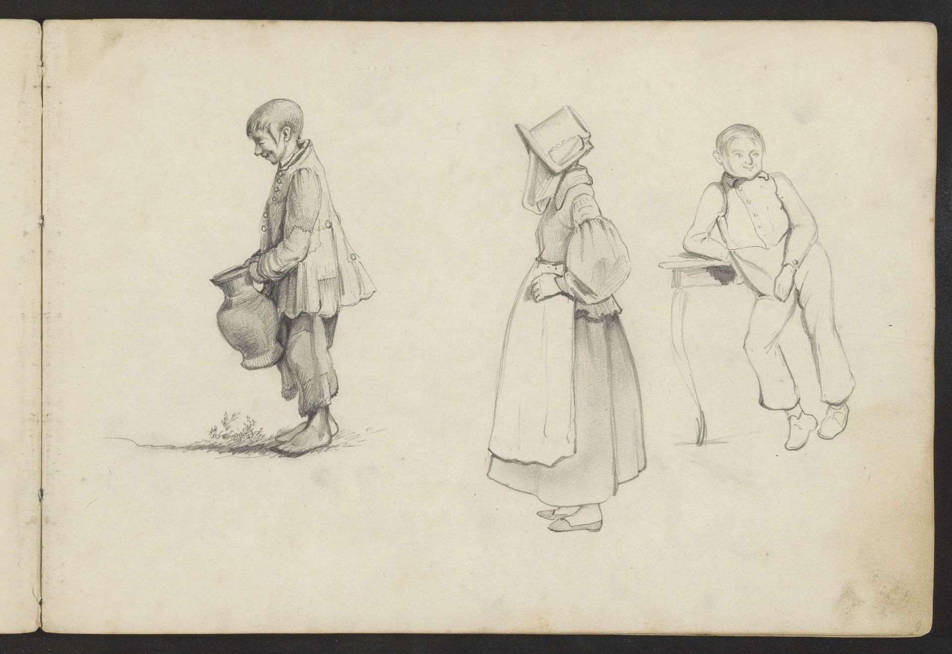 Boerenjongen met kruik, meisje met schort en kap en een jongen leunend op een tafel by Johannes Tavenraat