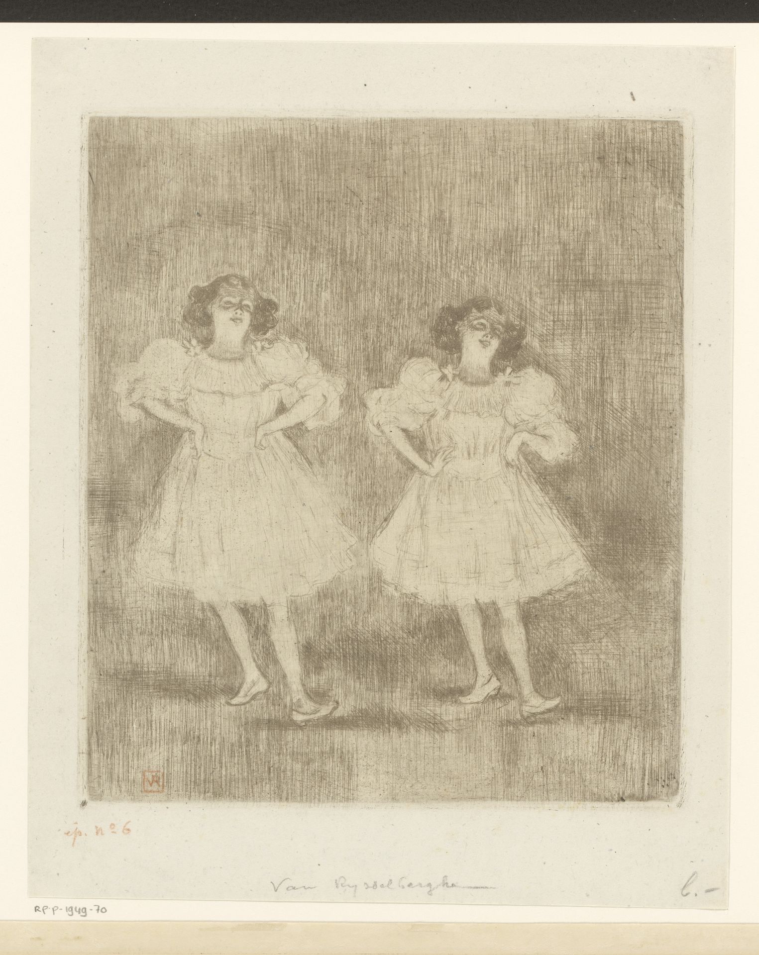 Twee dansende jonge vrouwen met handen in de zij by Theo van Rysselberghe