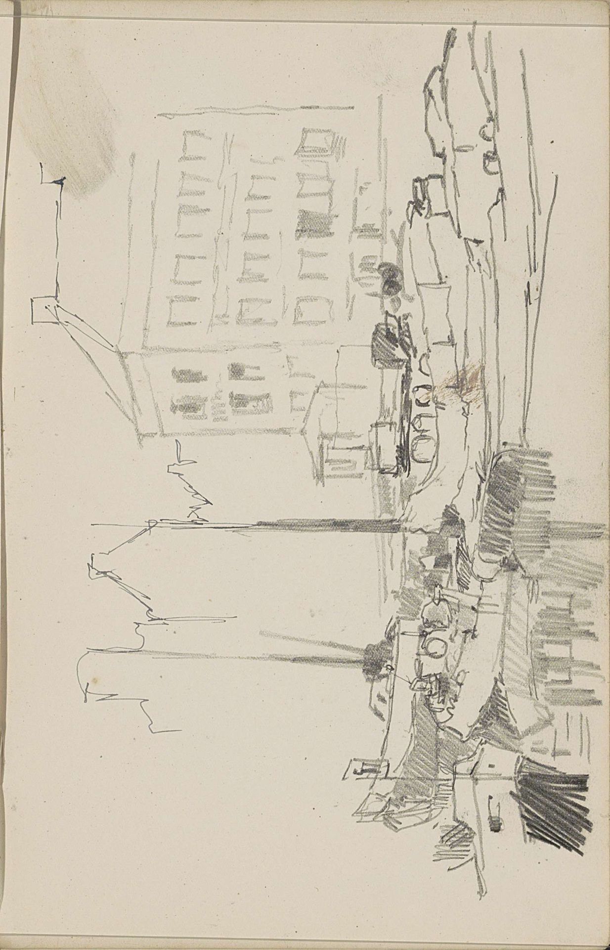 Aanlegplaats voor boten in een stad by Cornelis Vreedenburgh