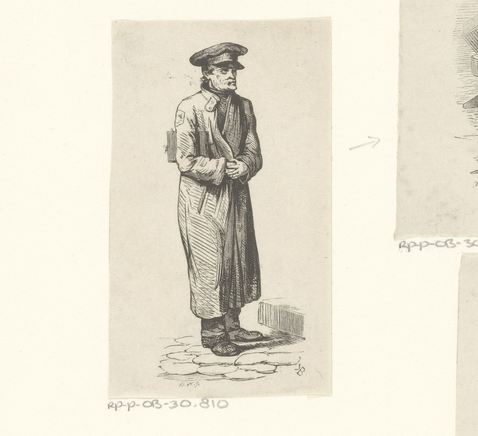 Staande man met een lange jas, een pet en een object onder zijn arm by Isaac Weissenbruch