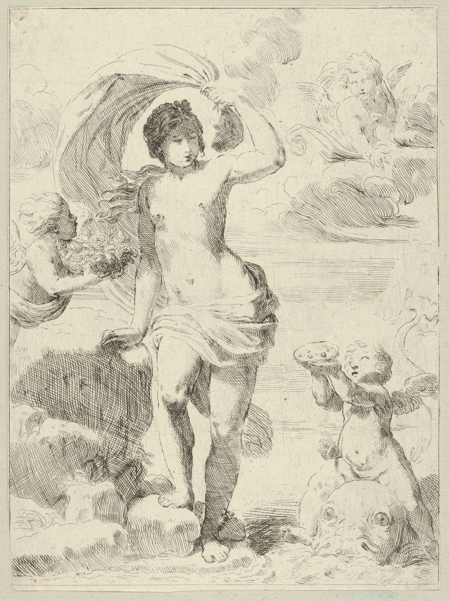 Venus stepping out of the sea, holding a billowing drapery in her left hand, Cupid at right offering pearls while riding a dolphin and a putto at left offering flowers, another in the clouds by Anonymous