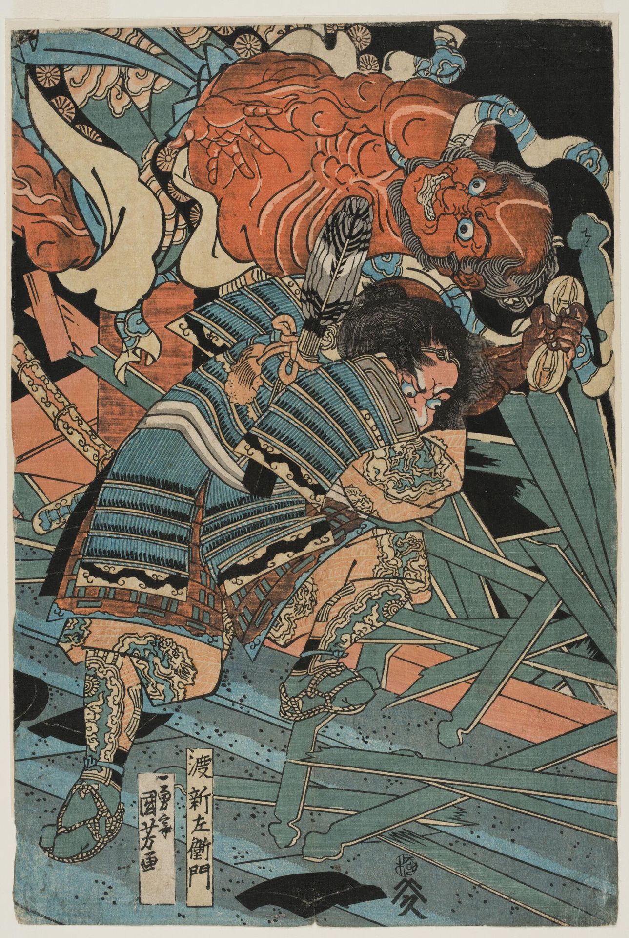 Warrior Watari Shinzaemon (?) Grappling with a Guardian Statue by Utagawa Kuniyoshi 歌川國芳