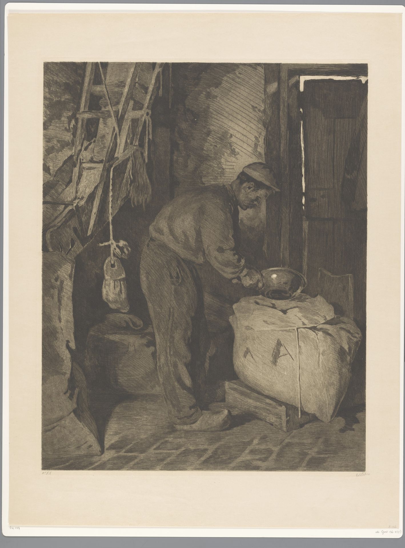Molenaar in de korenmolen van Wijk bij Duurstede vult een zak meel by Willem Witsen