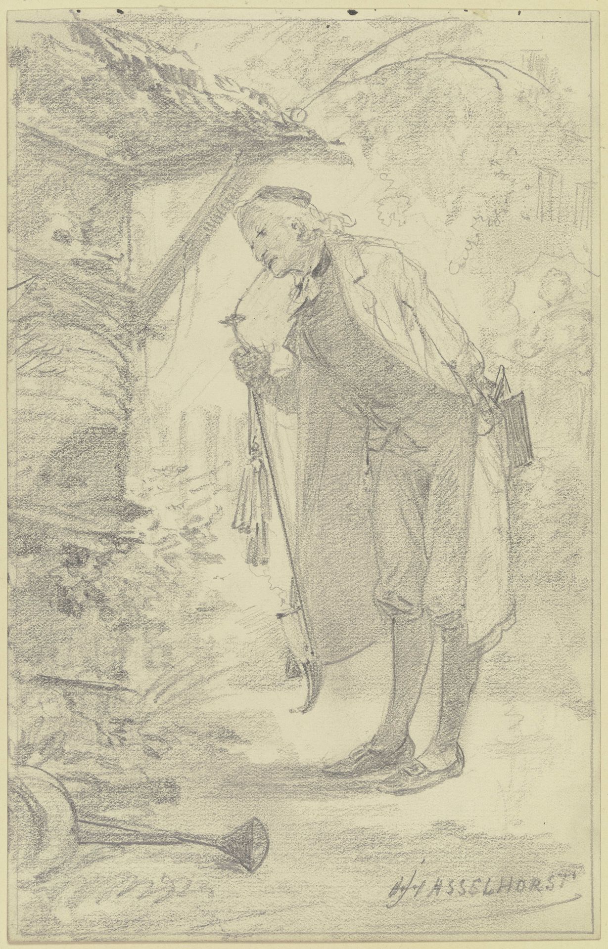 Alter Pfarrherr, Bienenstöcke betrachtend by Johann Heinrich Hasselhorst