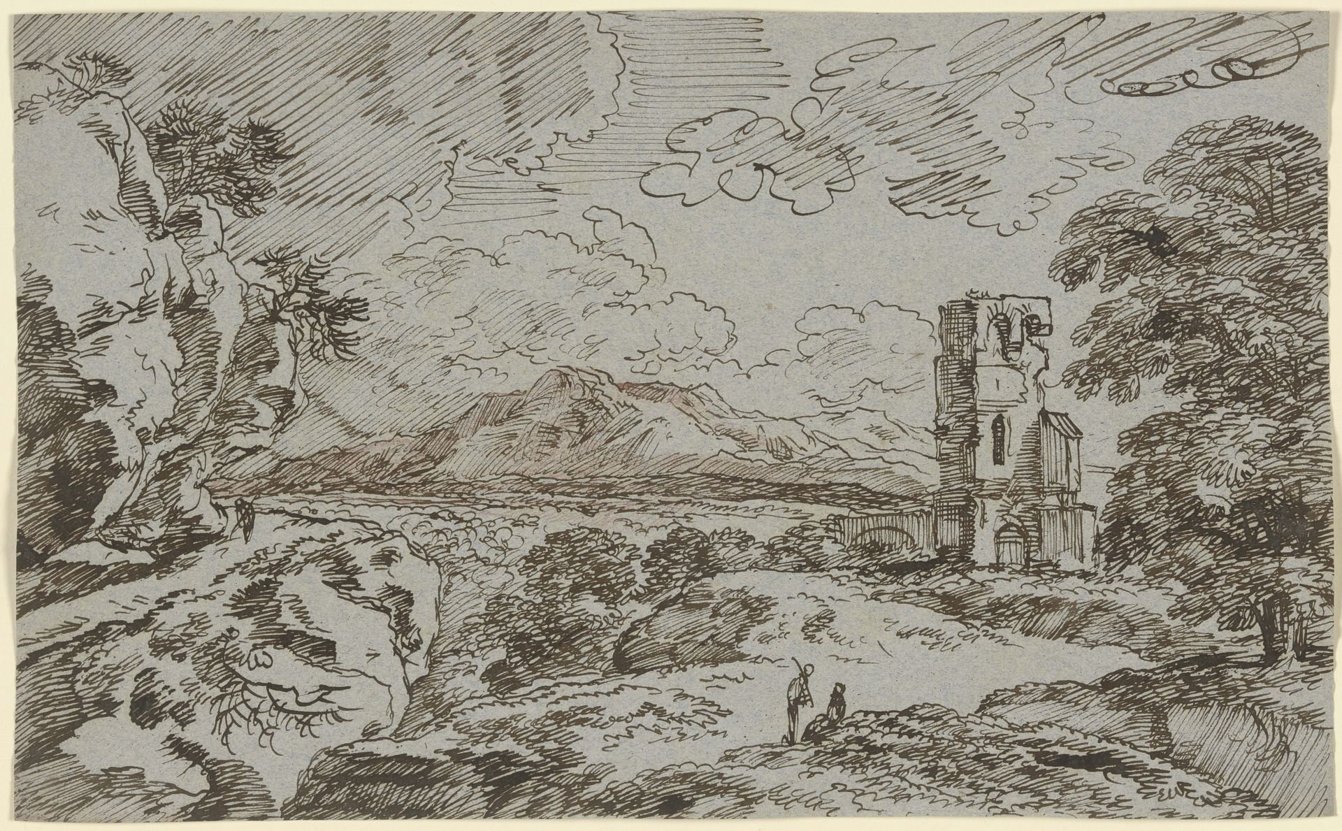 Bewaldete Feldlandschaft mit einer Kirchen- oder Burgruine und Bergkette im Hintergrund by Franz Kobell