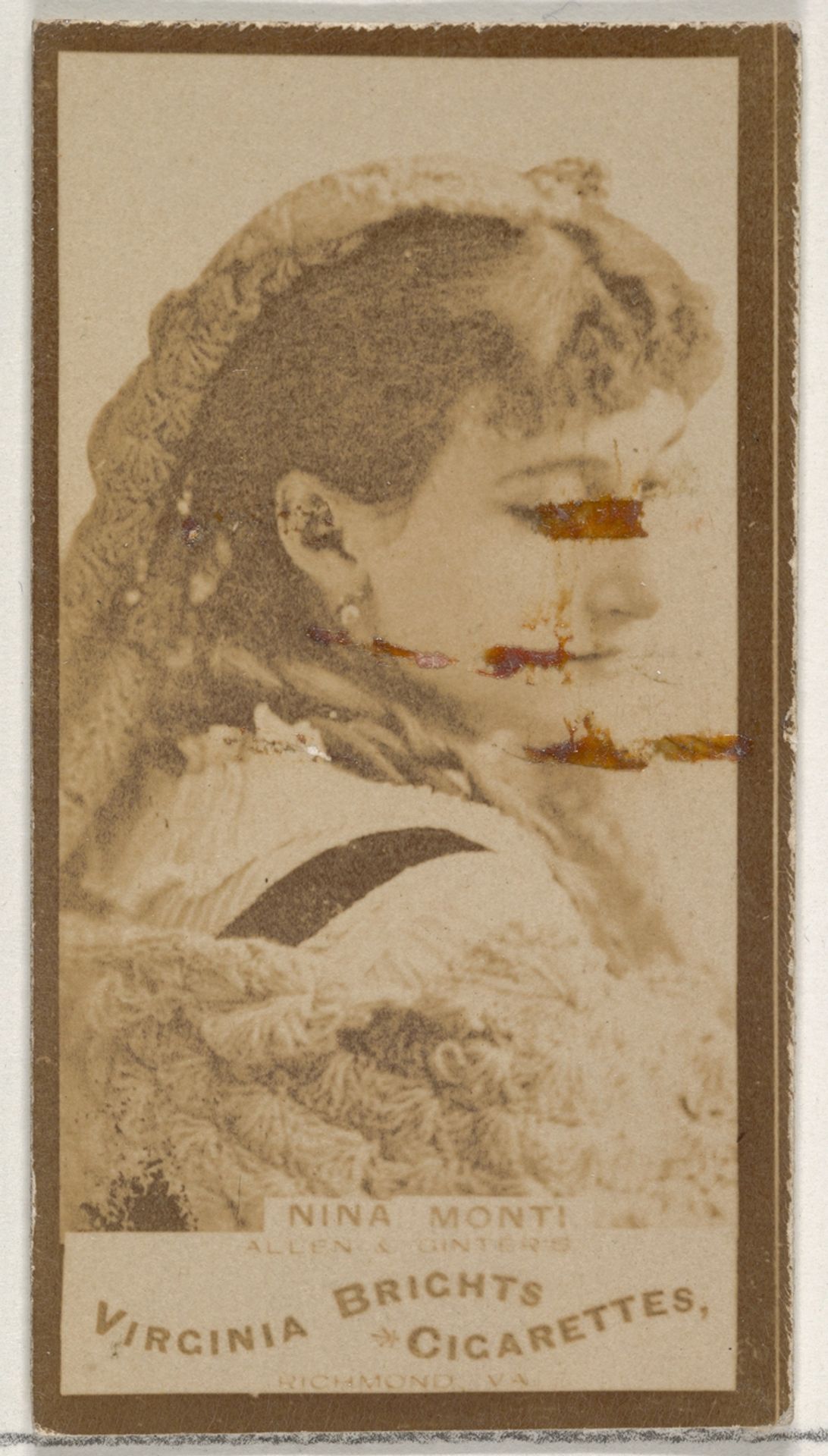 Nina Monti, from the Actors and Actresses series (N45, Type 3) for Virginia Brights Cigarettes by Allen & Ginter
