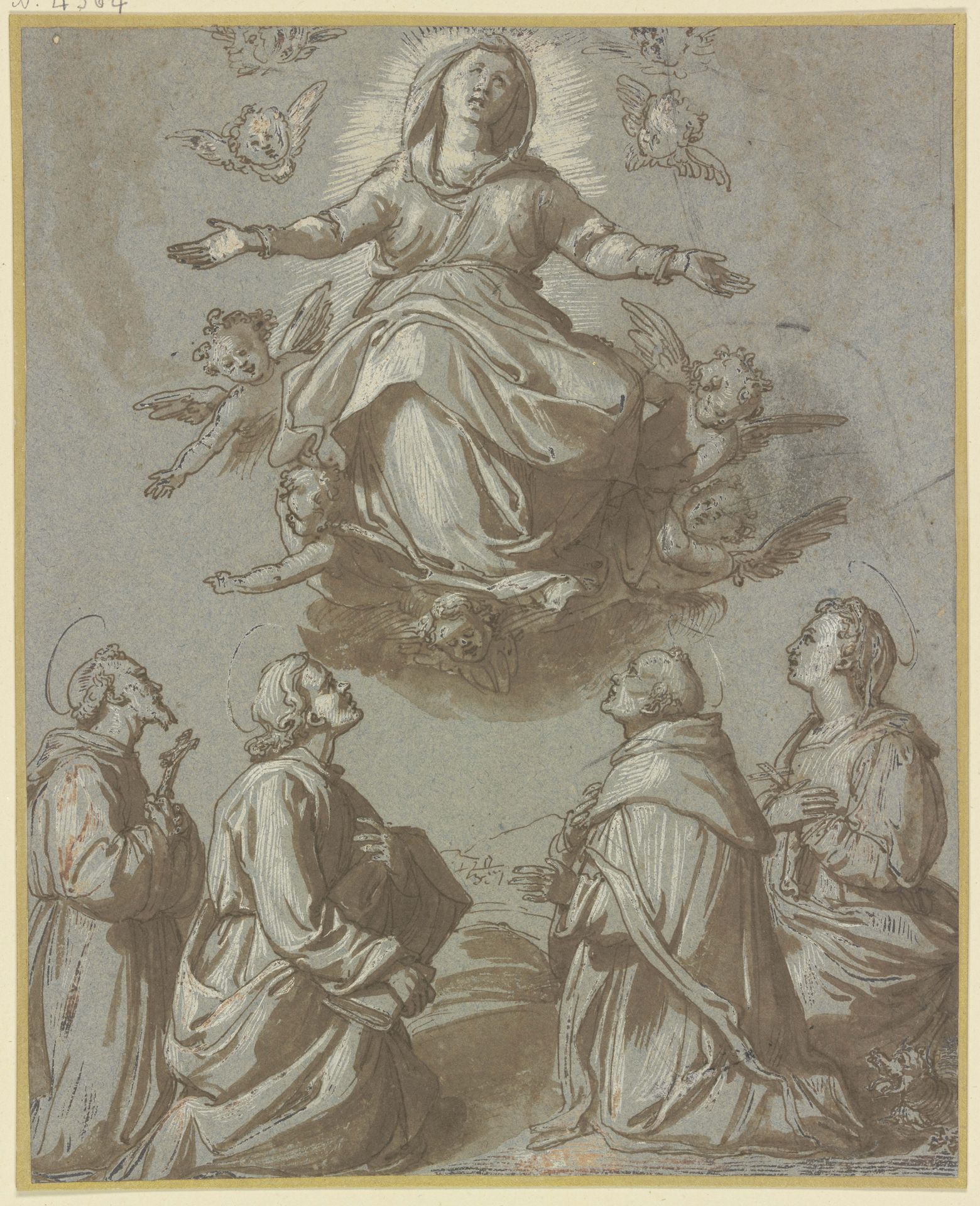 Maria in einer Engelsgloriole, darunter vier kniende Heilige by Ventura Salimbeni