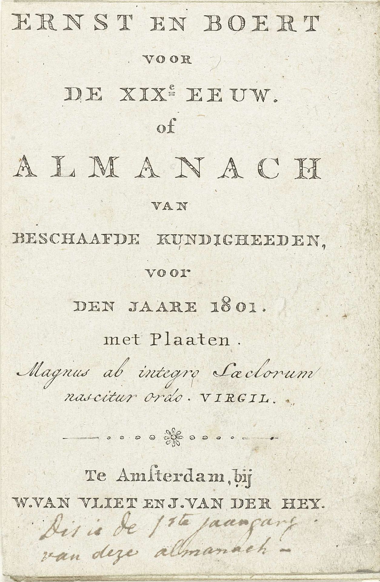 Titelpagina voor: Ernst en Boert voor de XIXe eeuw of Almanach van beschaafde kundigheden voor den jaare 1801 by Willem van Vliet