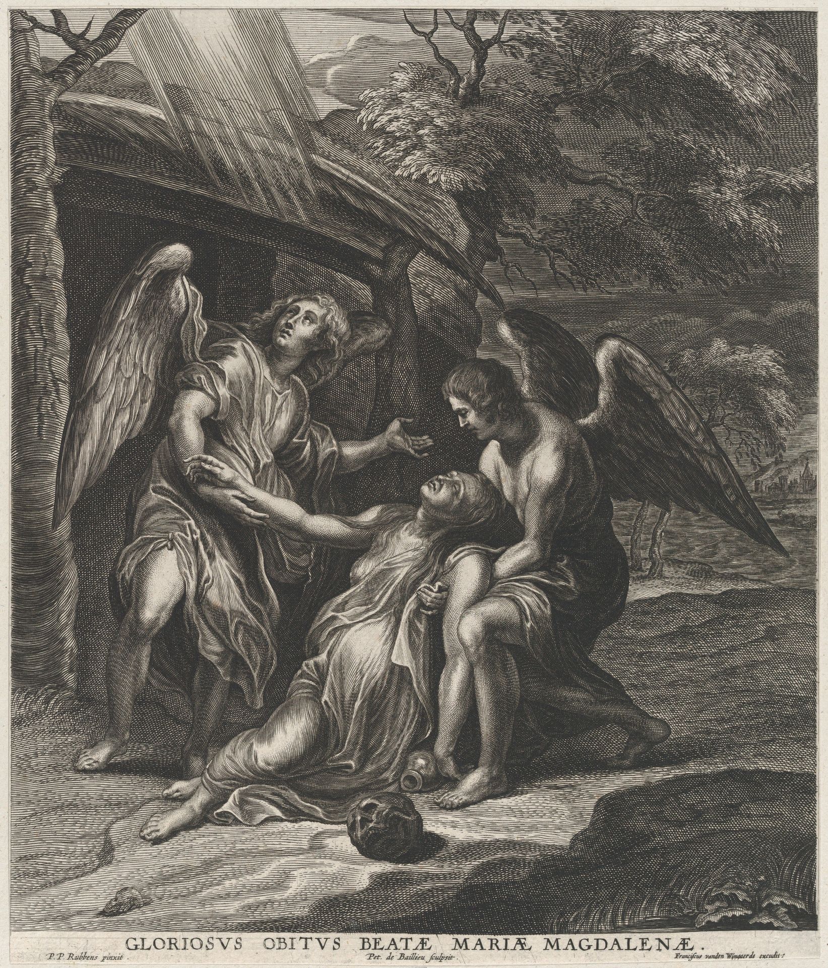 Saint Mary Magdalene in ecstasy, supported by two angels by Pieter de Bailliu