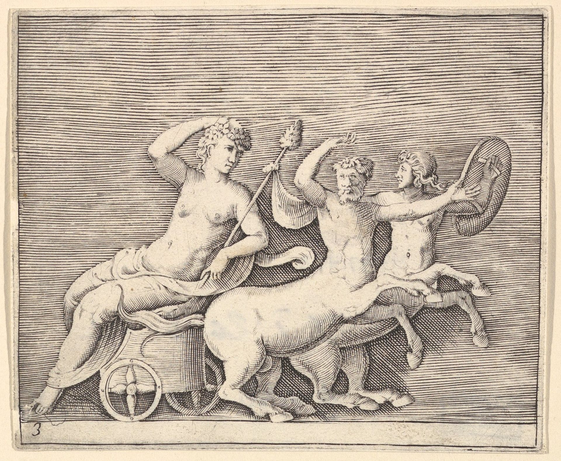 Reclining Female Figure on a Chariot drawn by Two Centaurs, from "Ex Antiquis Cameorum et Gemmae Delineata/ Liber Secundus/et ab Enea Vico Parmen Incis" by Anonymous