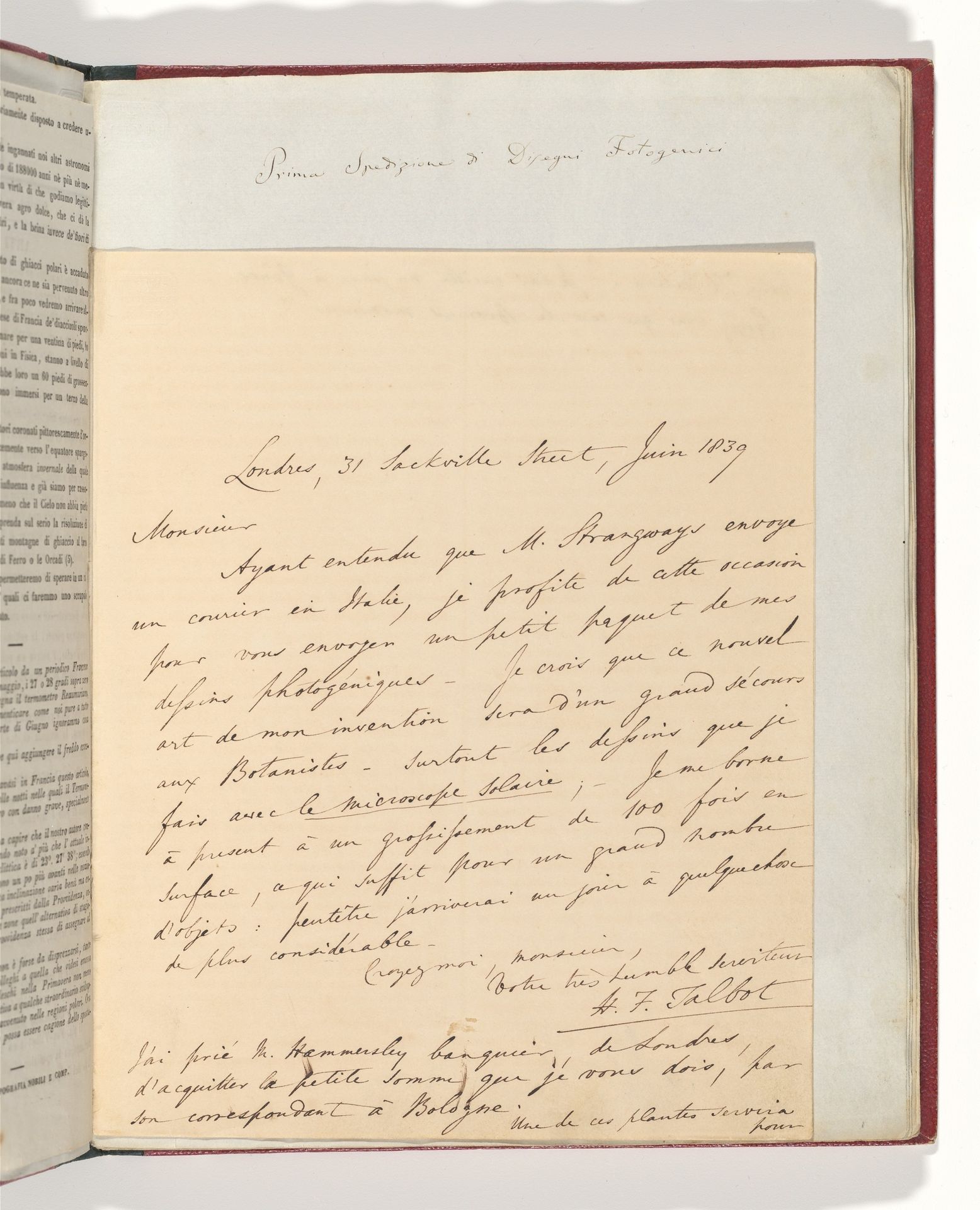 [Manuscript Letter from W. H. Fox Talbot to Antonio Bertoloni] by William Henry Fox Talbot