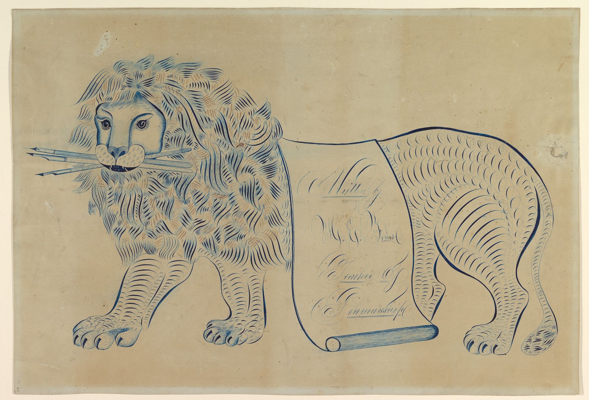 Ornamental Lion Composed of Scrolls, Holding Pens by H. E. Forbes