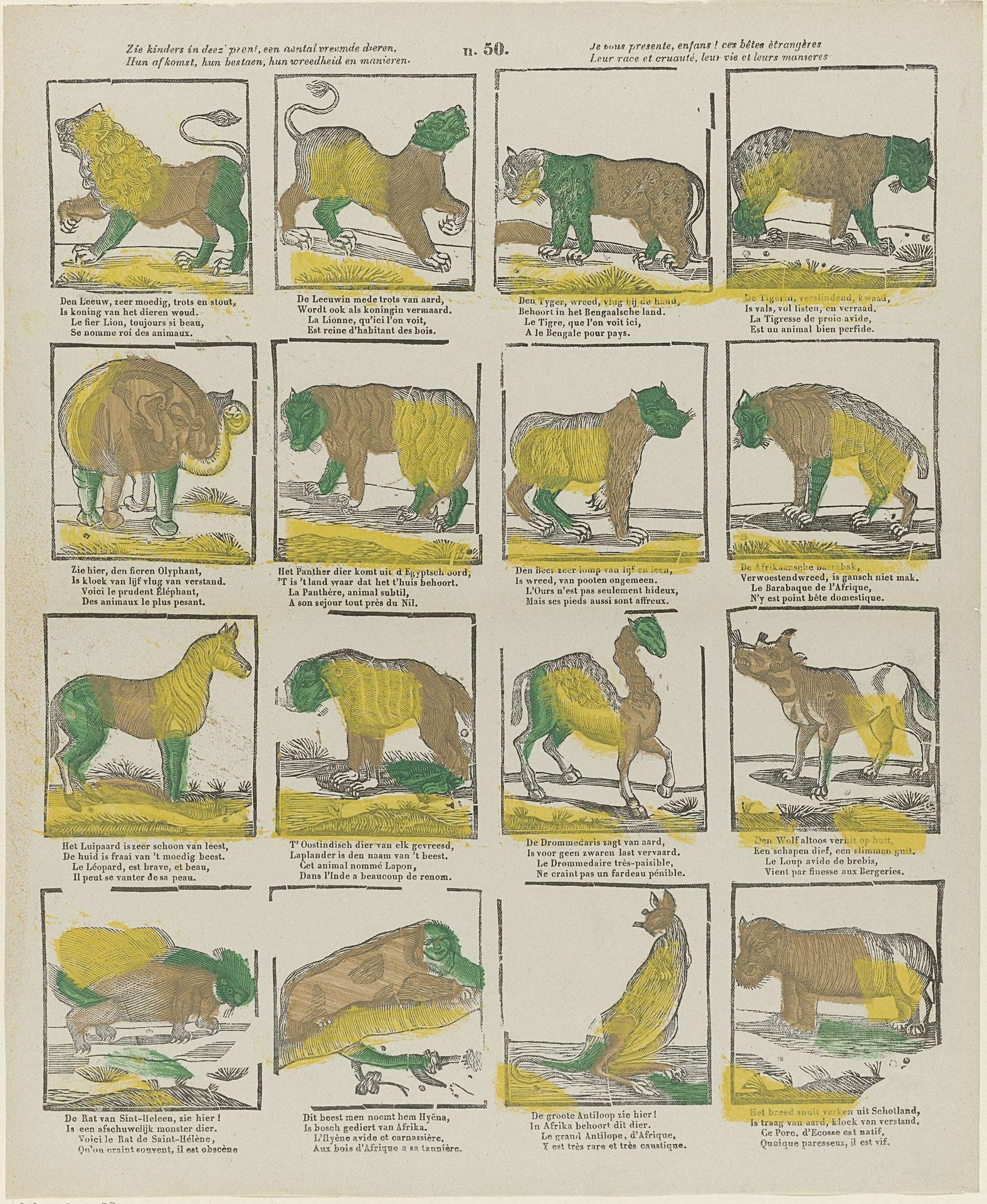 Zie kinders in deez' prent, een aantal vreemde dieren, / Hun afkomst, hun bestaen, hun wreedheid en manieren / Je vous presente, enfans! ces bêtes ètrangères / Leur race et cruauté, leur vie et leurs manieres by Glenisson & Zonen