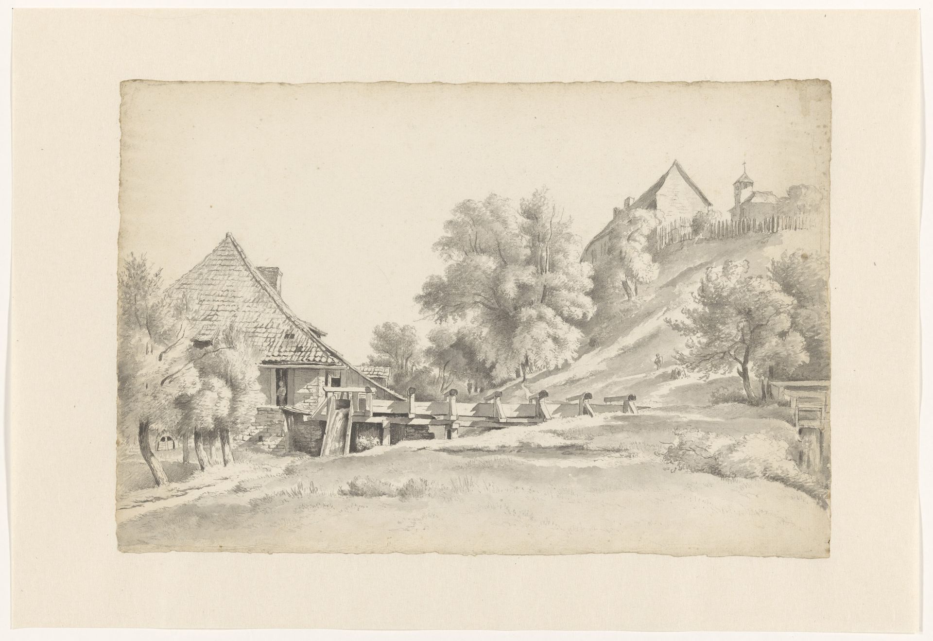 Landschap met een watermolen en een kerkje by Cornelis Steffelaar