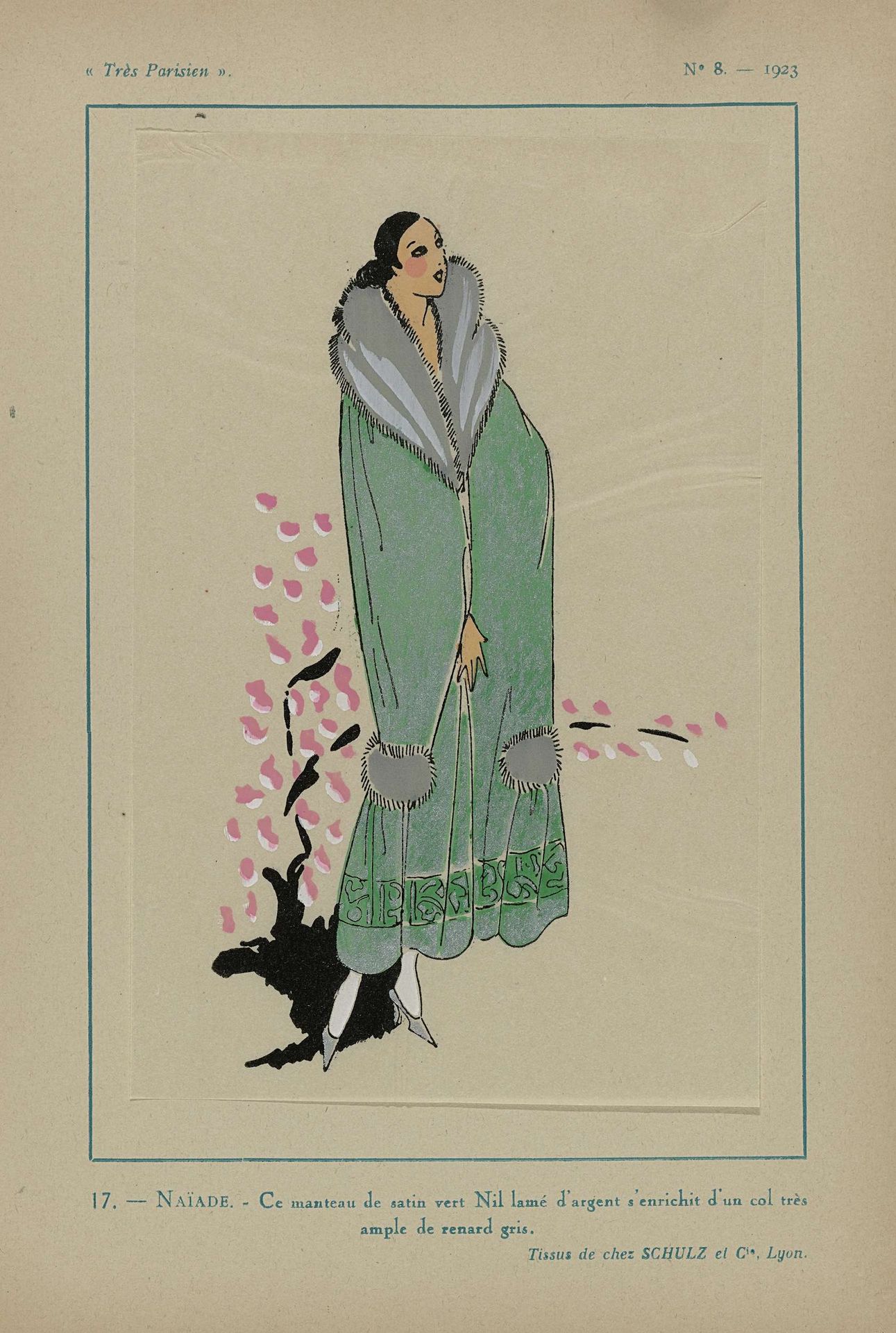 Très Parisien, 1923, No 8: 17.- NAÏADE. - Ce manteau de satin vert Nil... by Anonymous