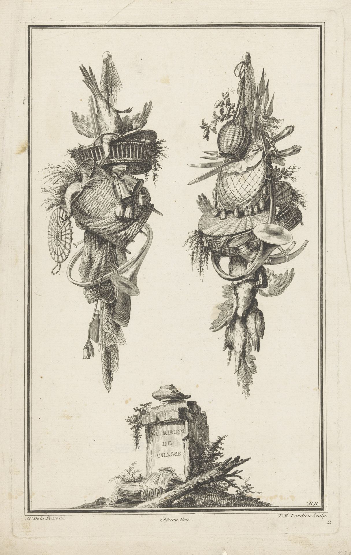 Trofeeën met manden en jachthoorns by Pierre François Tardieu