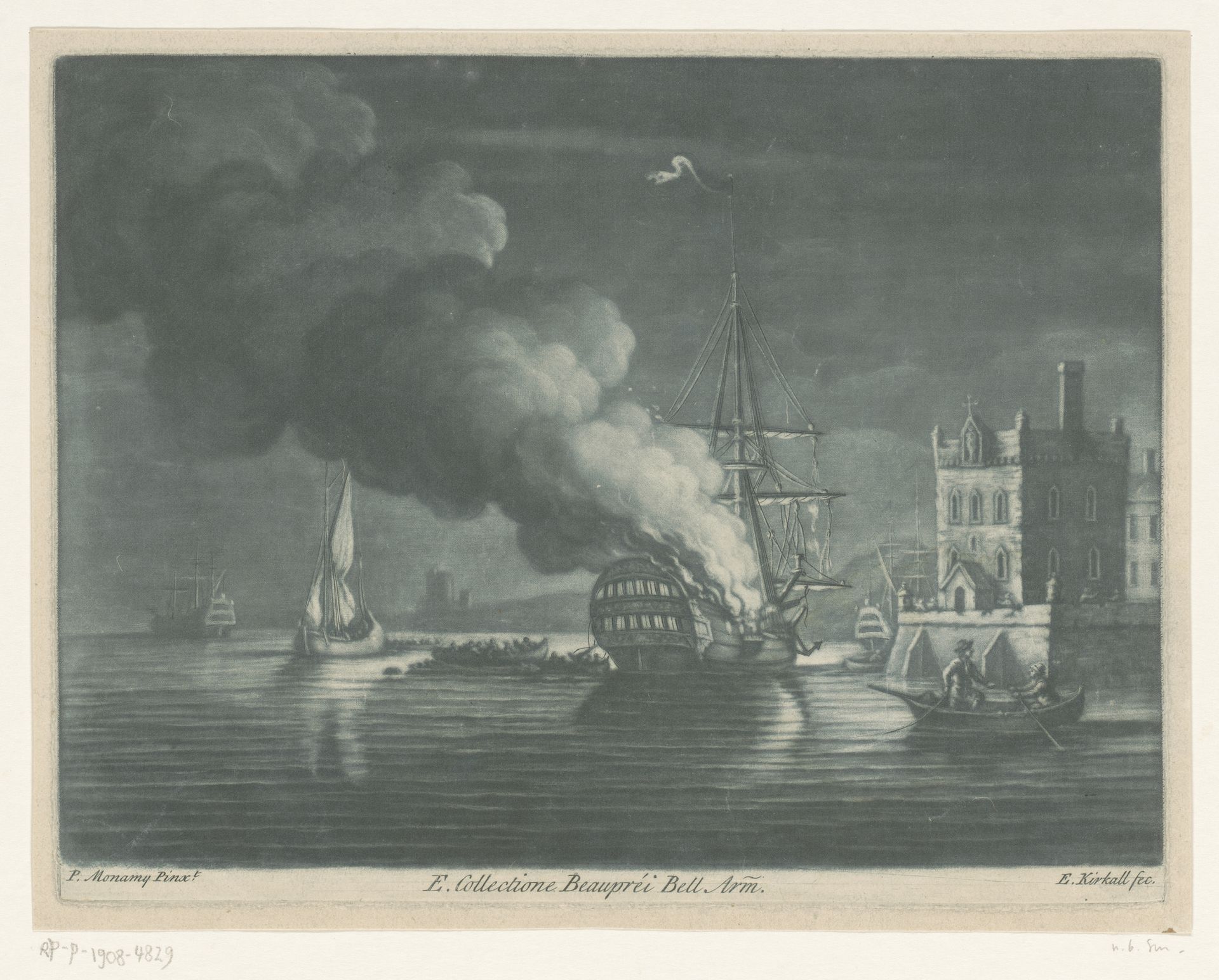 Brandend schip bij de haven by Elisha Kirkall