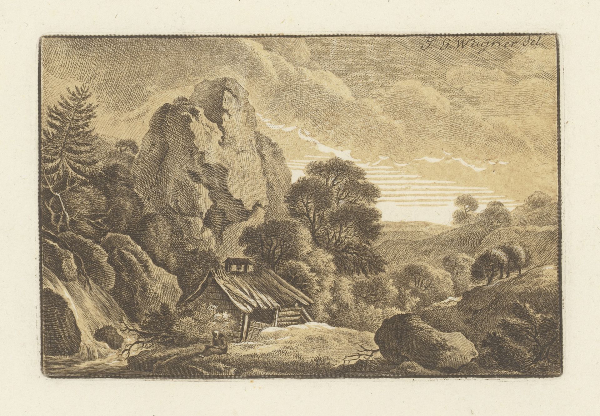 Rotsachtig landschap met vervallen hut by Carl Friedrich Holtzmann