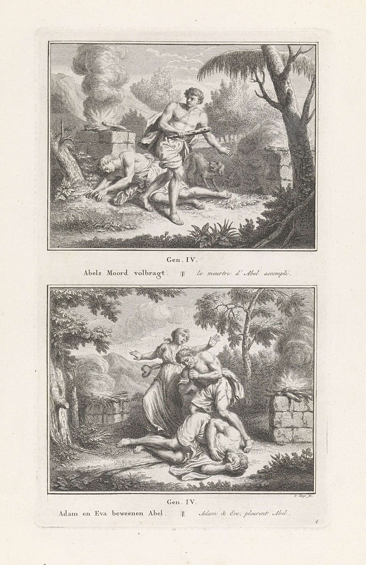 Kaïn vlucht na de moord op Abel / Adam en Eva bewenen Abel by Pieter Tanjé