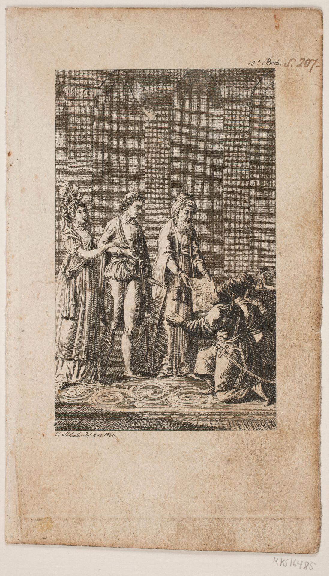 Illustration med et ungt par med en orientaler og tre knælende tyrkiske soldater by Georg Christian Schule